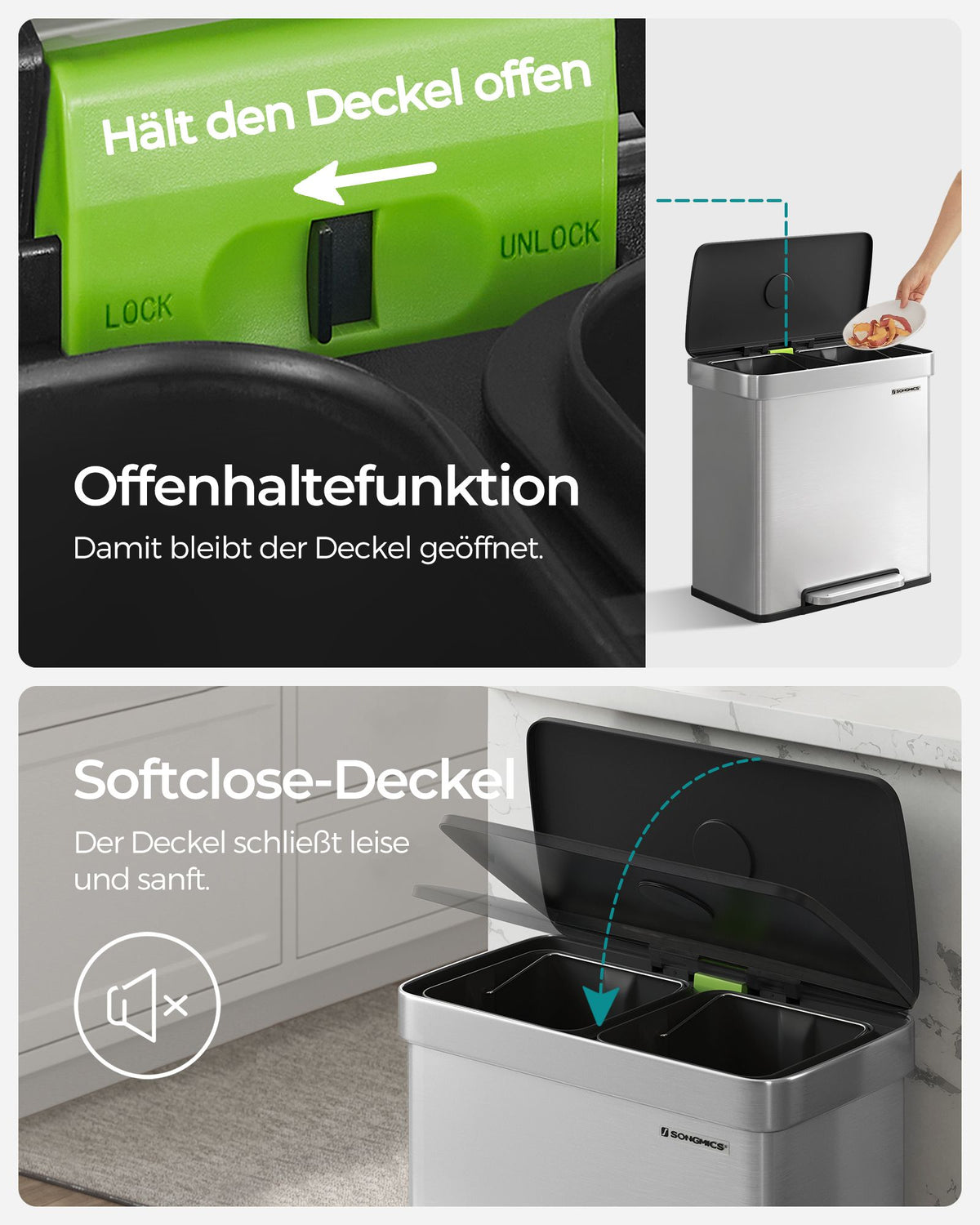 Mülltrennung Mülleimer 2 x 30 L - Treteimer Mit 2 Fächern - Für Küche