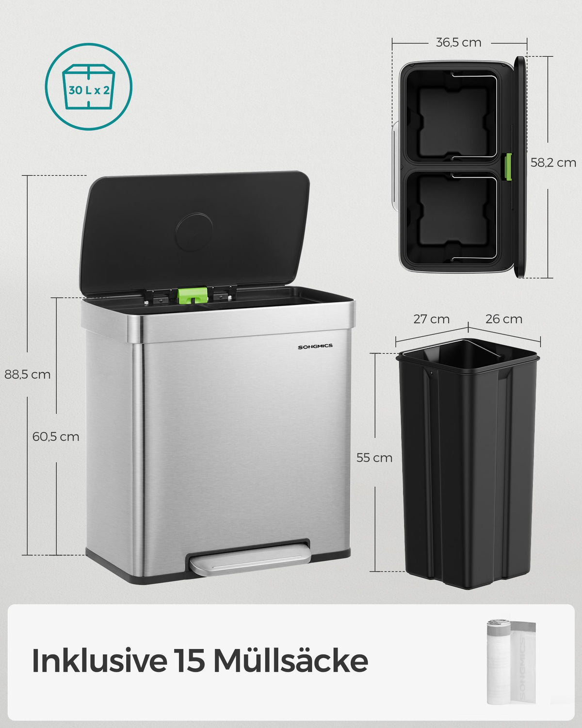 Mülltrennung Mülleimer 2 x 30 L - Treteimer Mit 2 Fächern - Für Küche