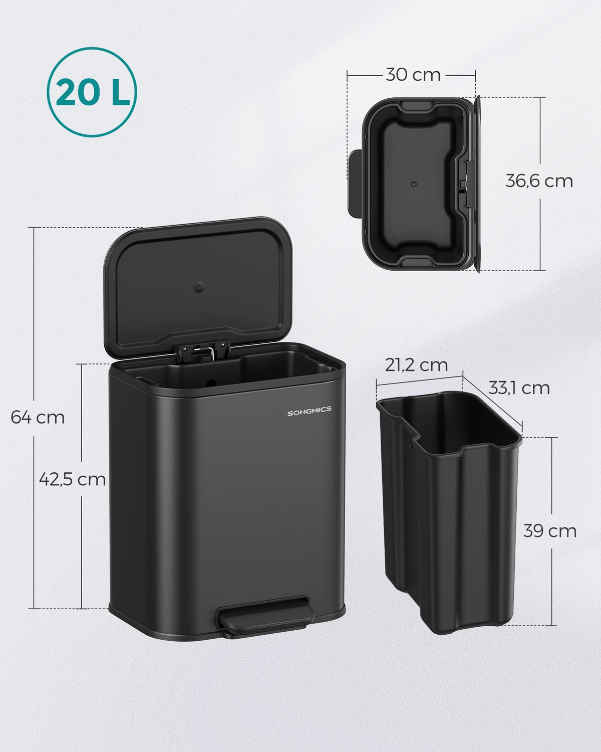 Mülleimer – 20 Liter – Pedal – Stahl – Softclose