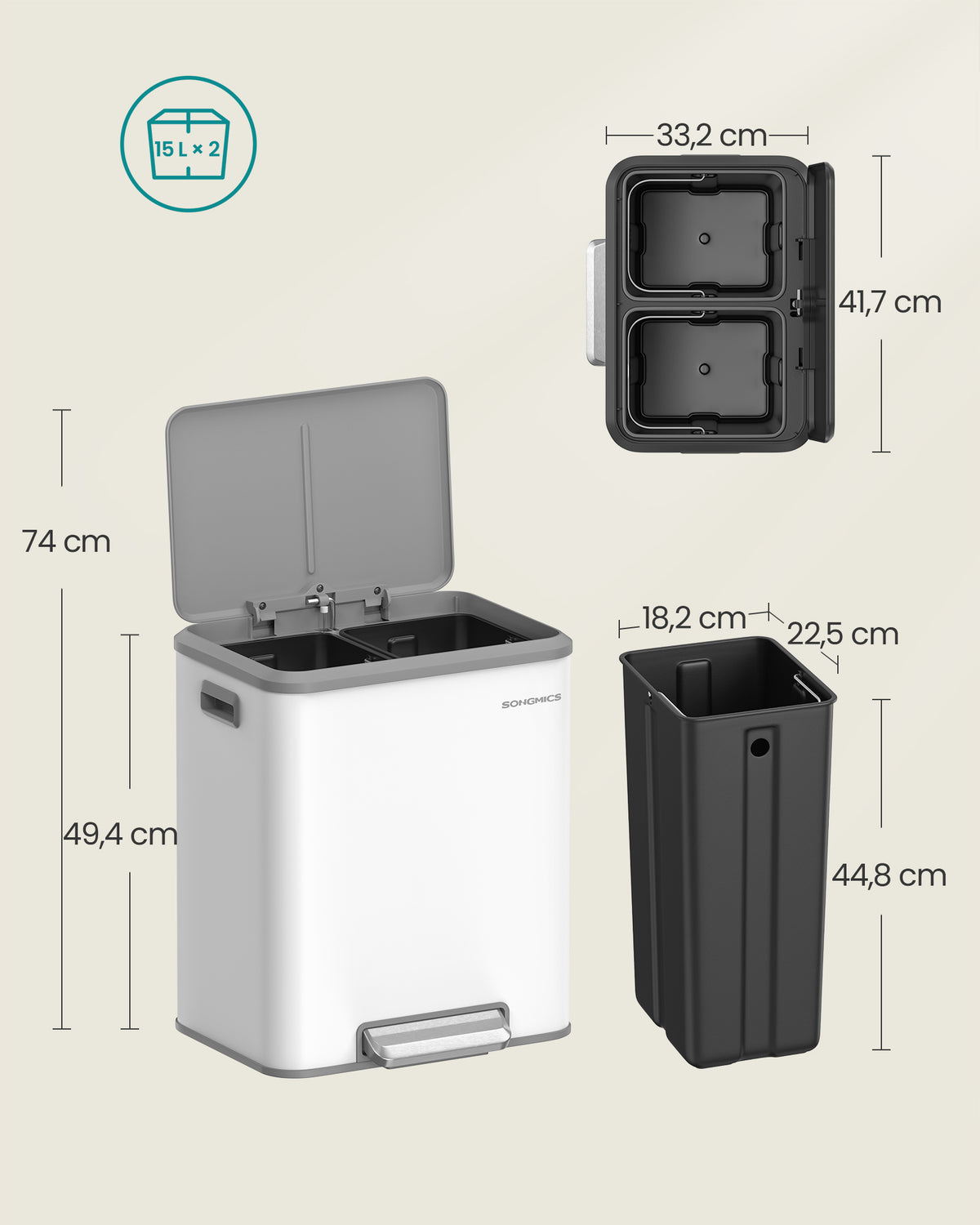 2-Fach-Abfalleimer – 2 x 15L – Pedalbedienung – Soft-Close – Kunststoff-Inneneimer