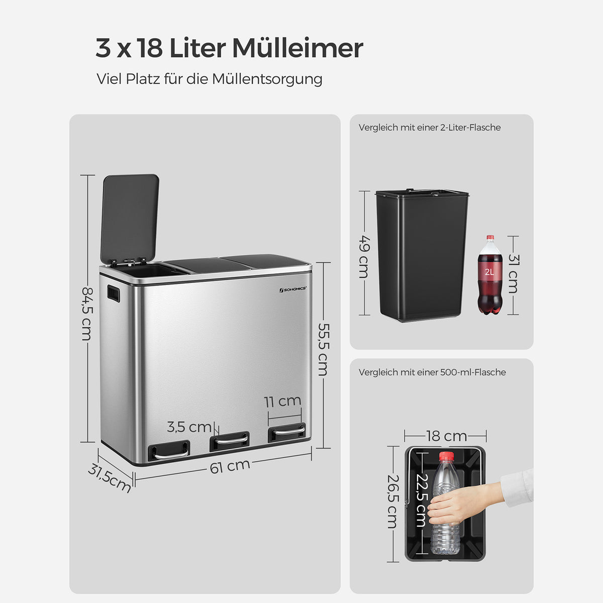 54L Abfalleimer - 3-Fach Abfalleimer - Treteimer - Abfalleimer 3 x 18L