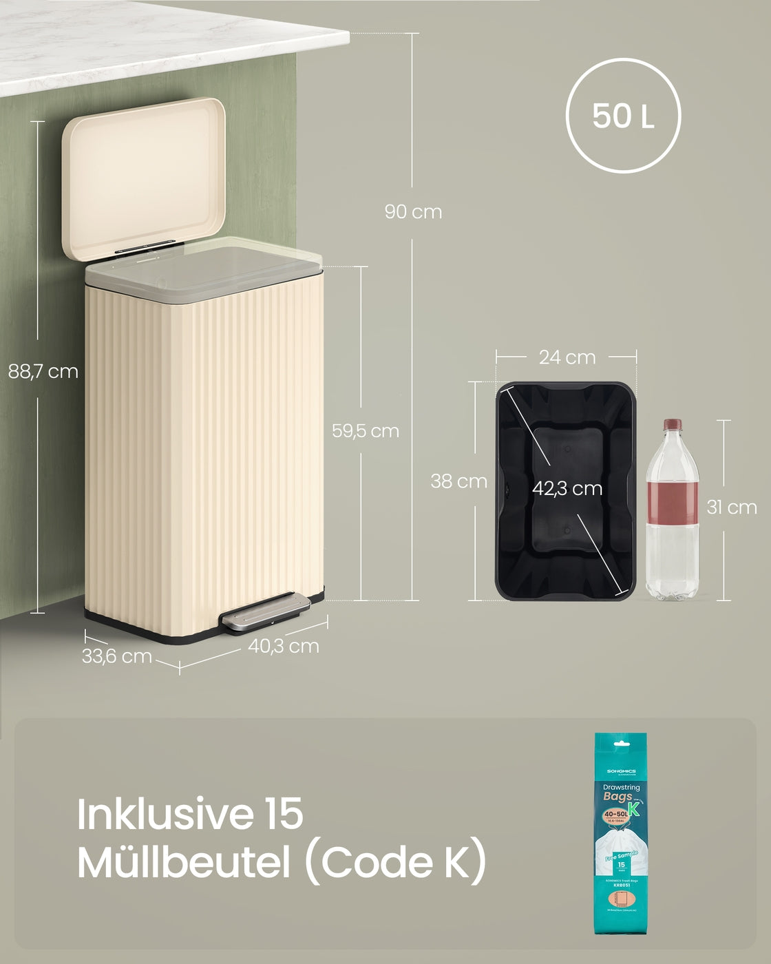 Küchenmülleimer – 50 Liter – Treteimer mit Soft-Close-Deckel – Inneneimer aus Stahl – Inklusive 15 Müllbeuteln
