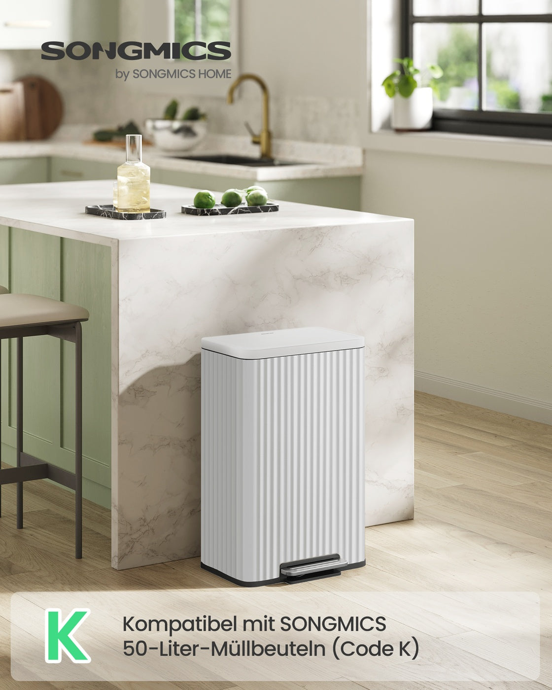 Küchenmülleimer – 50 Liter – Treteimer mit Soft-Close-Deckel – Inneneimer aus Stahl – Inklusive 15 Müllbeuteln