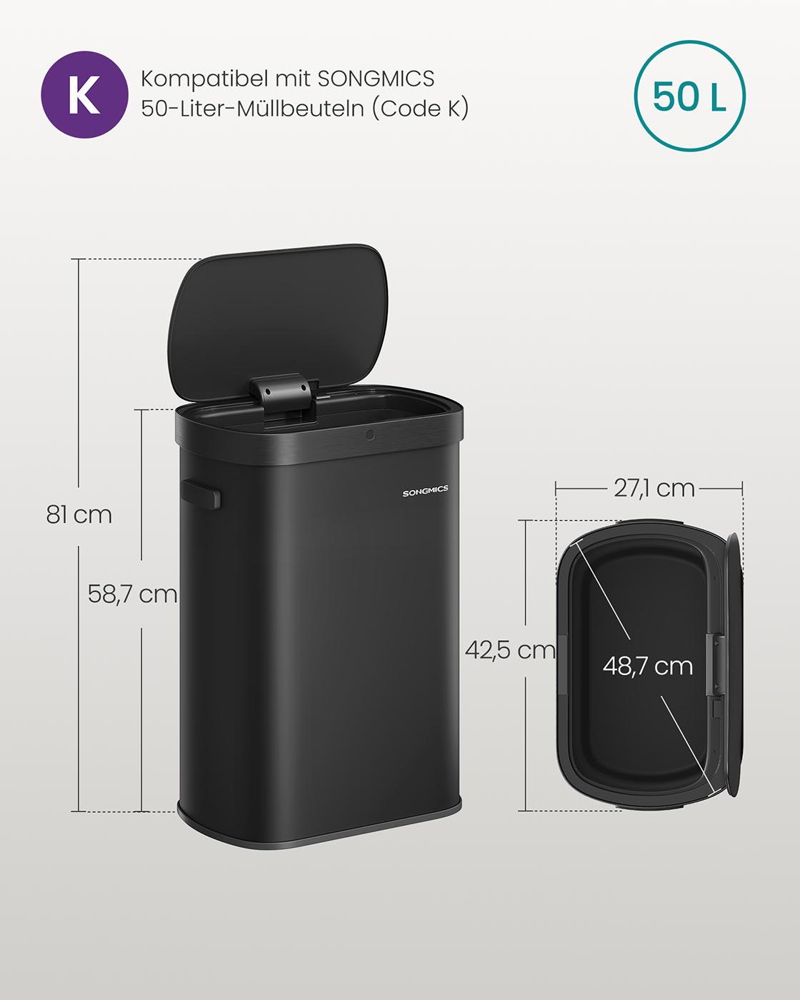 Großer Automatischer Mülleimer 50L - Mit Sensor Und Softclose-Deckel - Für Küche Oder Büro
