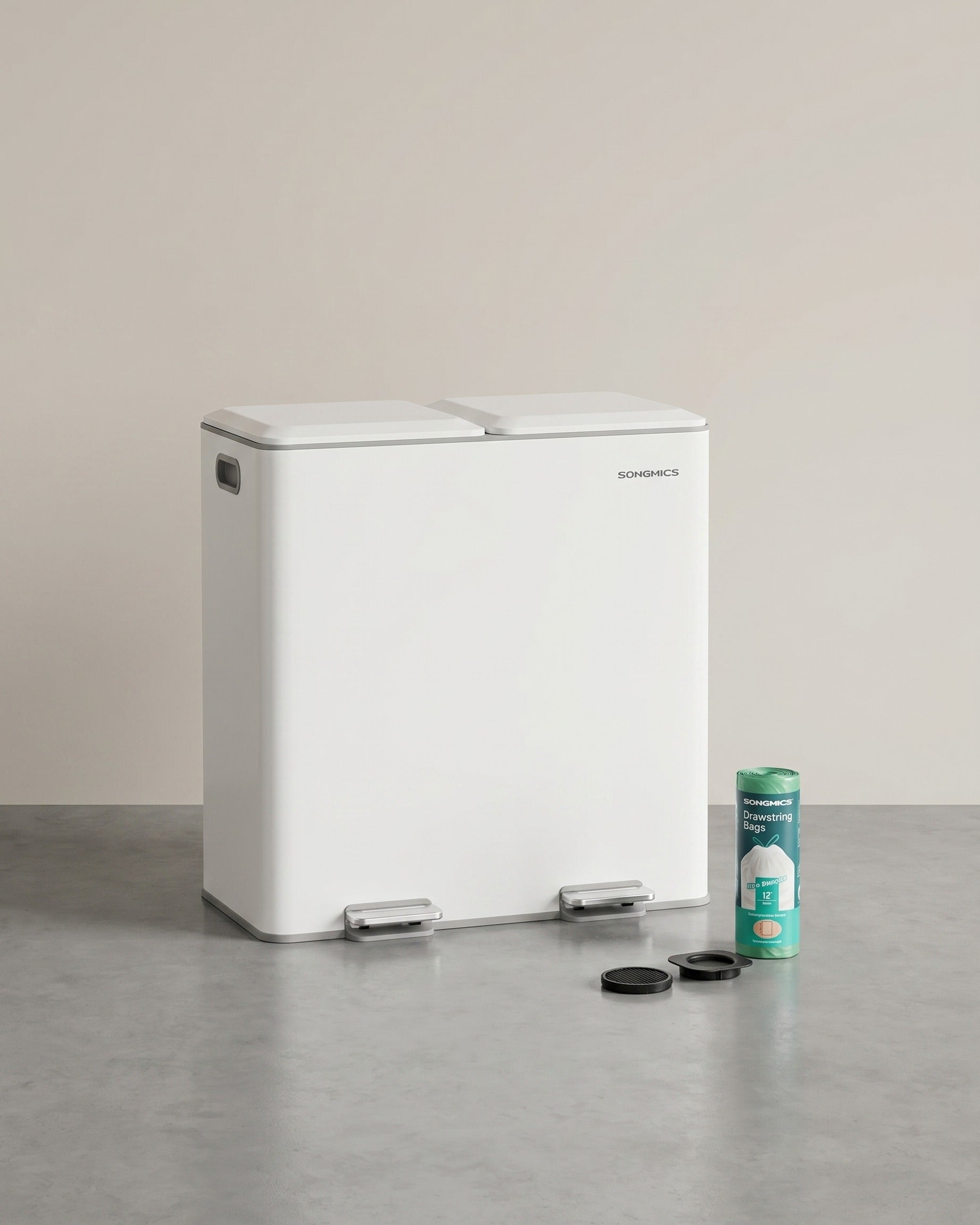 Abfalleimer mit 2 Kammern – Fußpedal – Deckel mit Soft-Close-Funktion – Geruchsfilter – 2 x 30 l – Stahl – Weiß