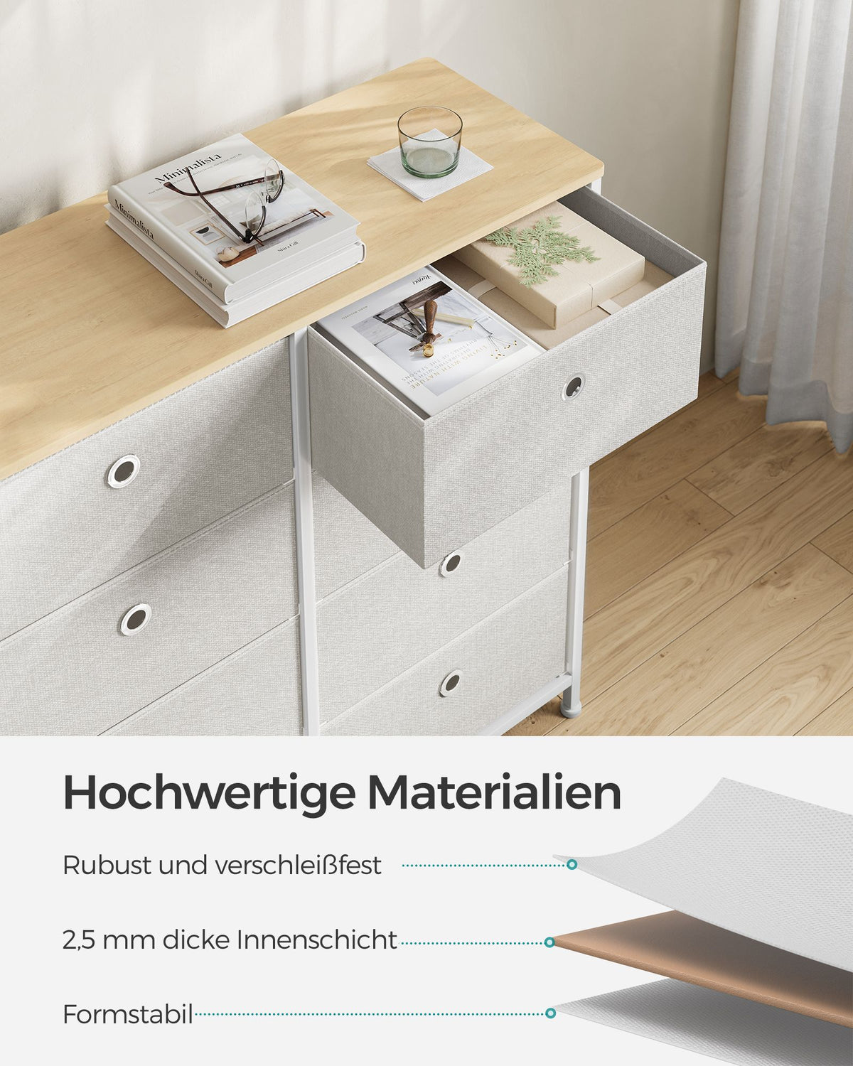 Schuhaufbewahrung – Aufbewahrungsschrank – Metallrahmen – 8 Stoffschubladen – Tischplatte – MDF und Stahl – 30 x 80 x 81,5 cm – 11,5 kg