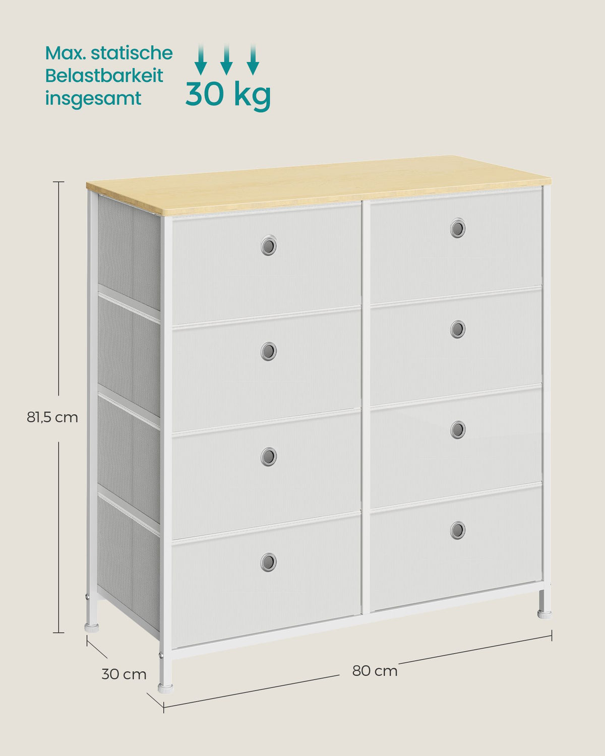 Schuhaufbewahrung – Aufbewahrungsschrank – Metallrahmen – 8 Stoffschubladen – Tischplatte – MDF und Stahl – 30 x 80 x 81,5 cm – 11,5 kg