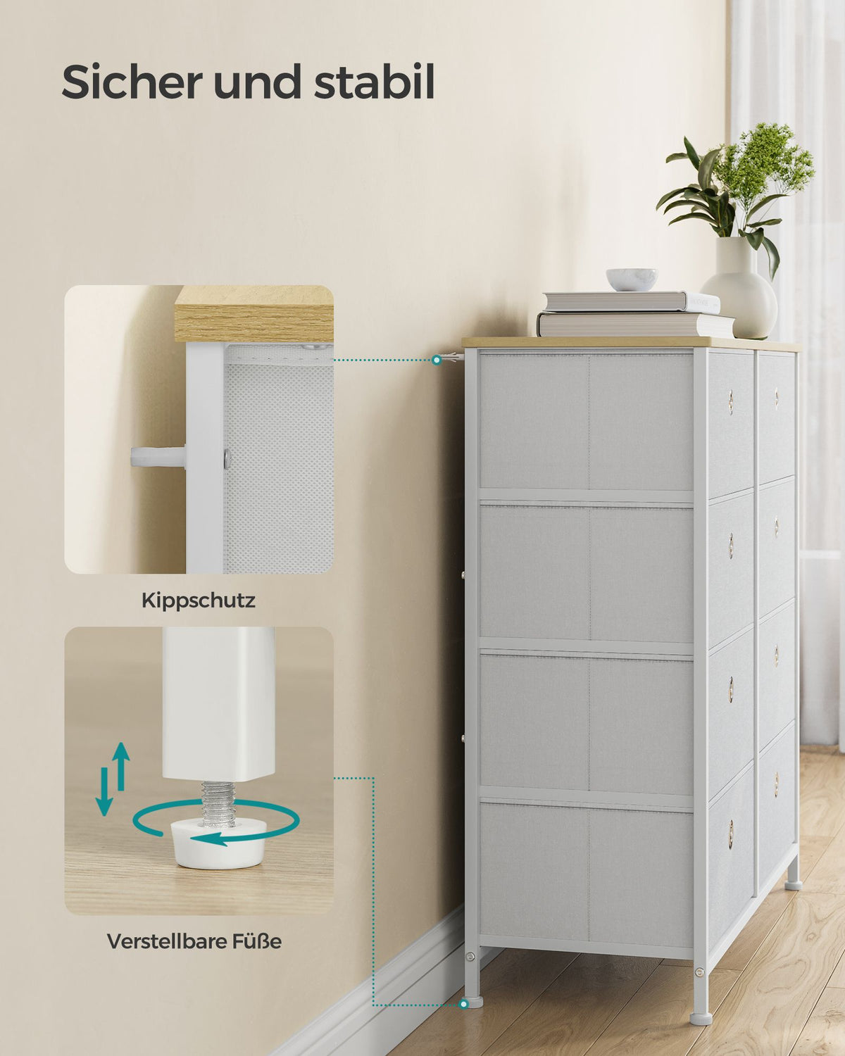 Schuhaufbewahrung – Aufbewahrungsschrank – Metallrahmen – 8 Stoffschubladen – Tischplatte – MDF und Stahl – 30 x 80 x 81,5 cm – 11,5 kg