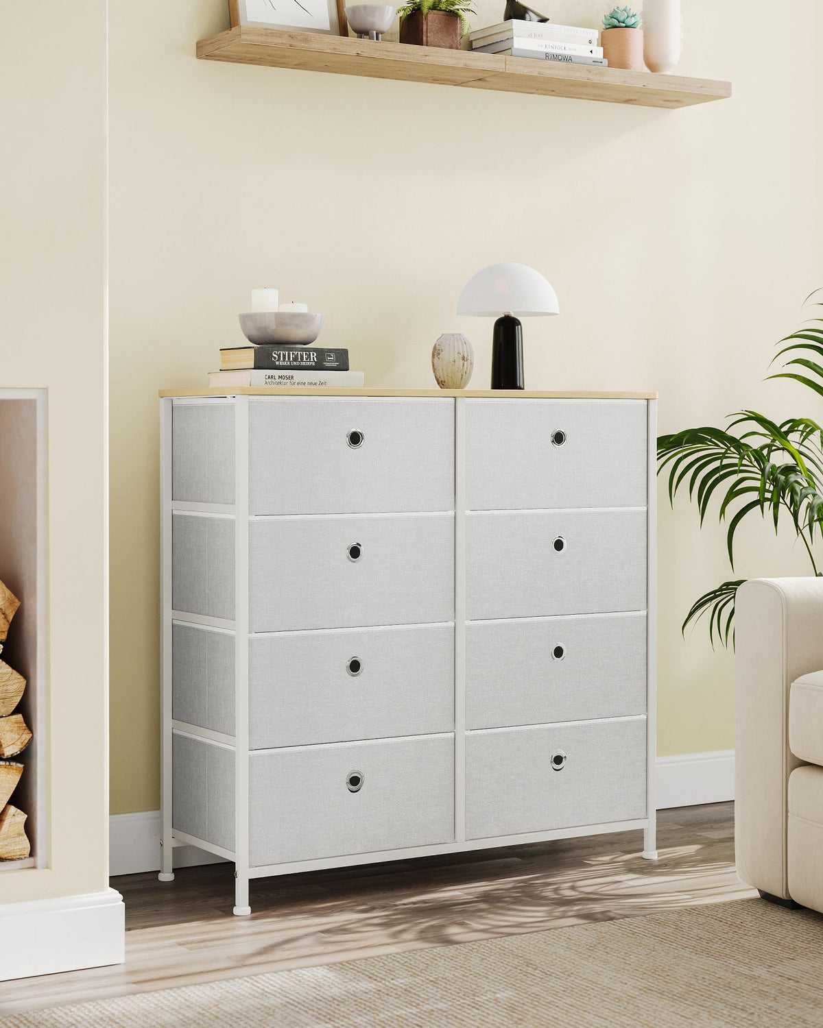 Schuhaufbewahrung – Aufbewahrungsschrank – Metallrahmen – 8 Stoffschubladen – Tischplatte – MDF und Stahl – 30 x 80 x 81,5 cm – 11,5 kg