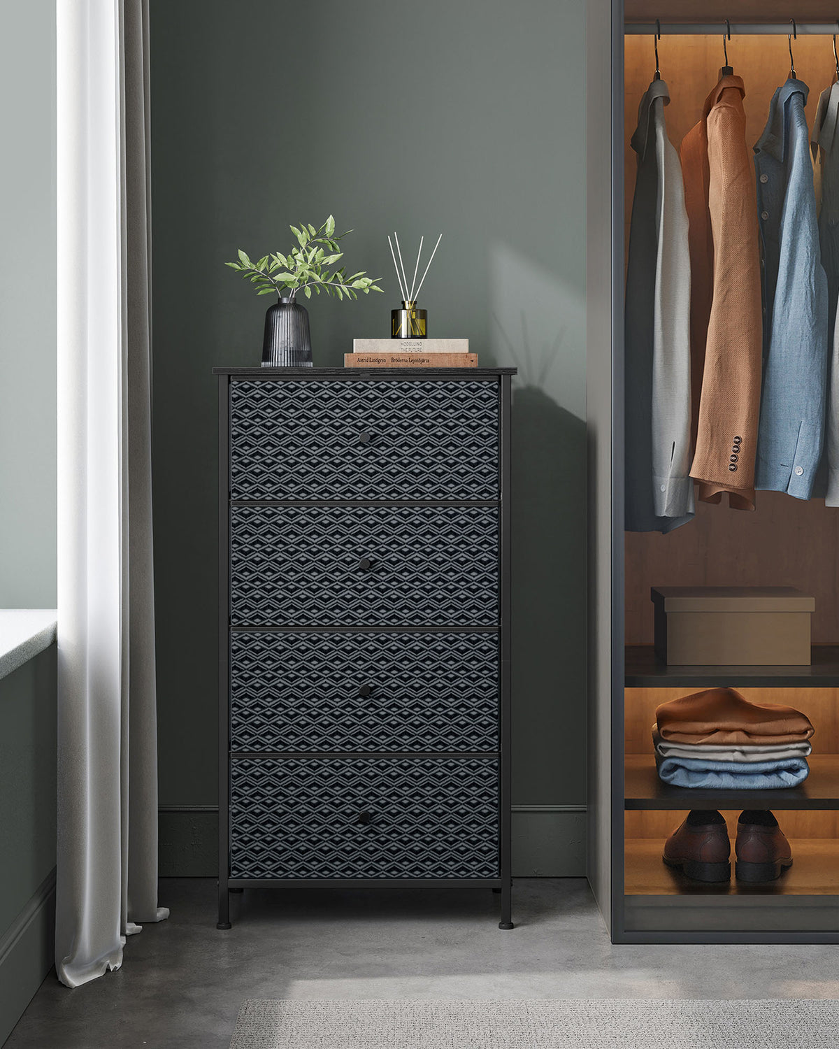 Schwarz-weiße Kommode – Aufbewahrungsschrank mit 5 Stoffschubladen – Geometrisches Design – Metallrahmen – 99 cm hoch – Bis zu 63,5 kg belastbar