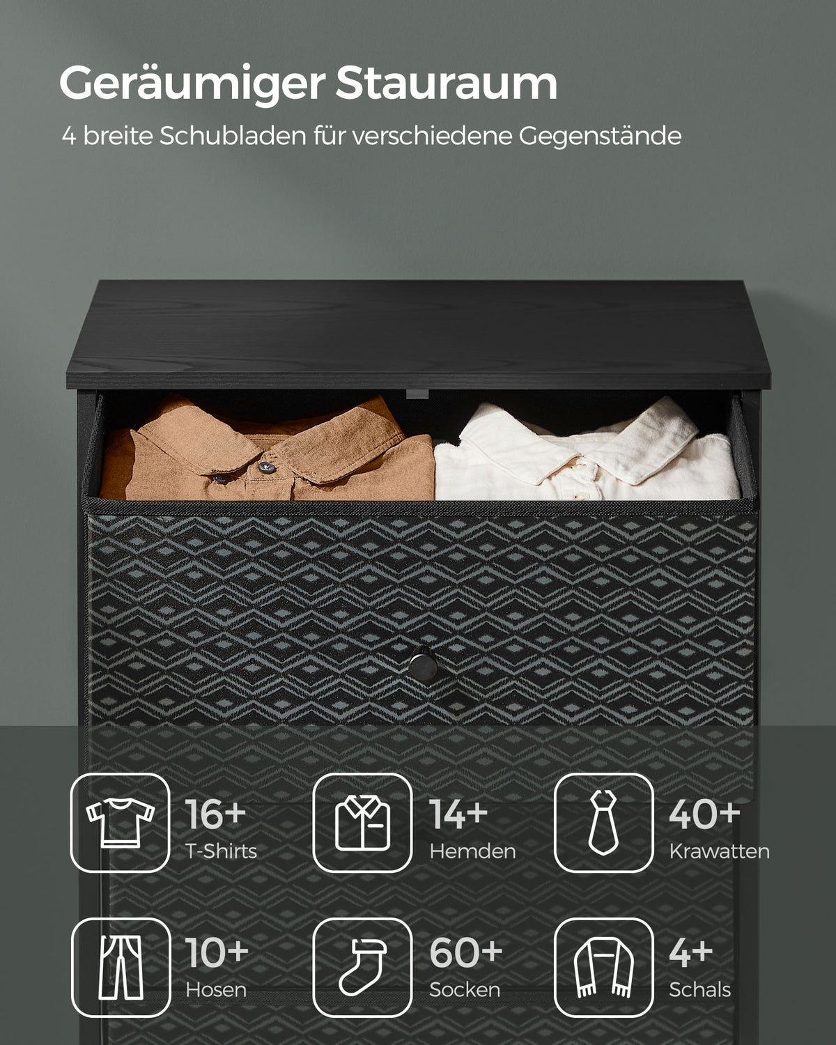 Schwarz-weiße Kommode – Aufbewahrungsschrank mit 5 Stoffschubladen – Geometrisches Design – Metallrahmen – 99 cm hoch – Bis zu 63,5 kg belastbar