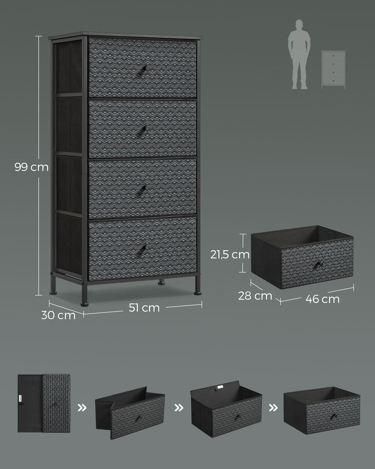 Schwarz-weiße Kommode – Aufbewahrungsschrank mit 5 Stoffschubladen – Geometrisches Design – Metallrahmen – 99 cm hoch – Bis zu 63,5 kg belastbar