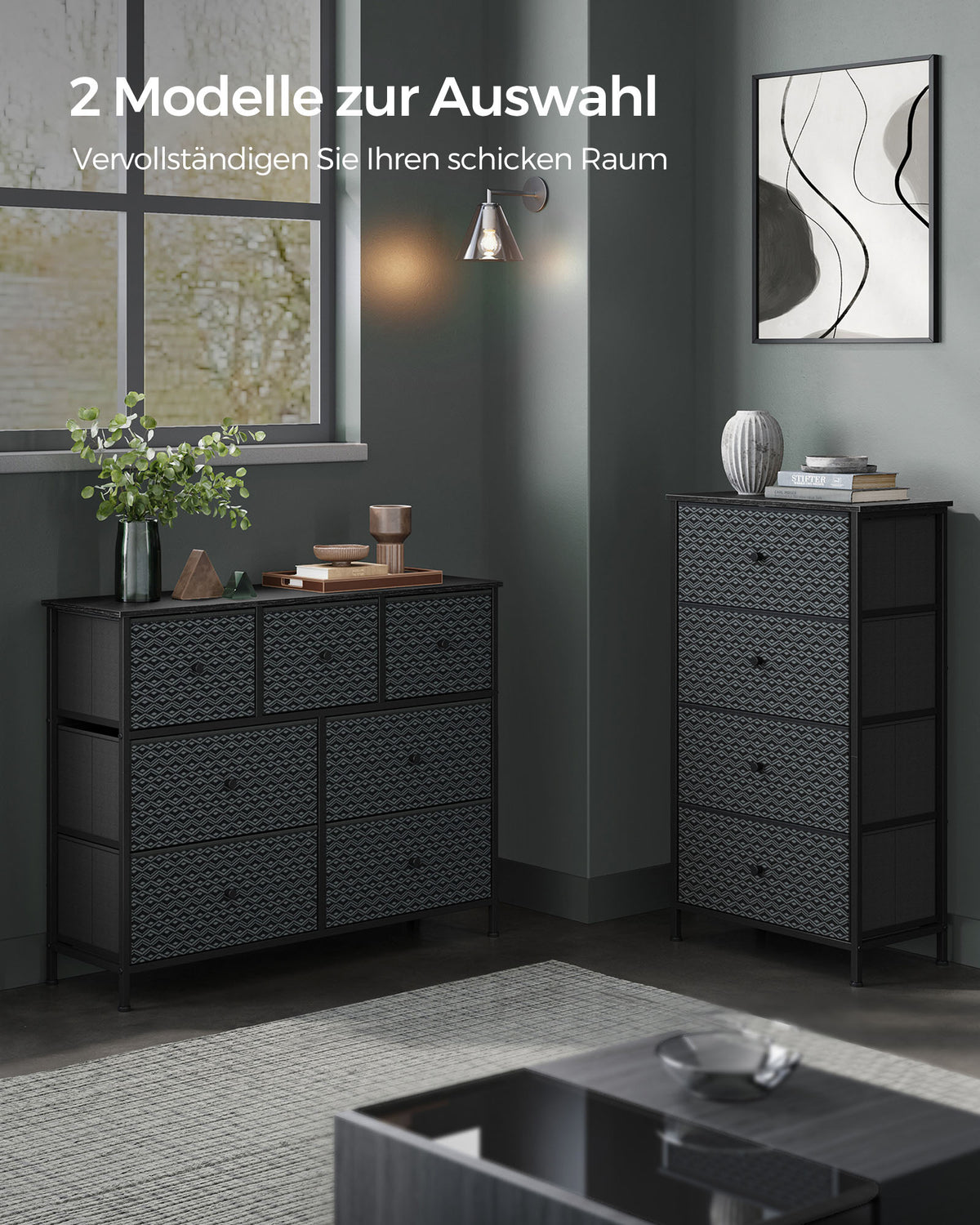 Schwarz-weiße Kommode – Aufbewahrungsschrank mit 5 Stoffschubladen – Geometrisches Design – Metallrahmen – 99 cm hoch – Bis zu 63,5 kg belastbar