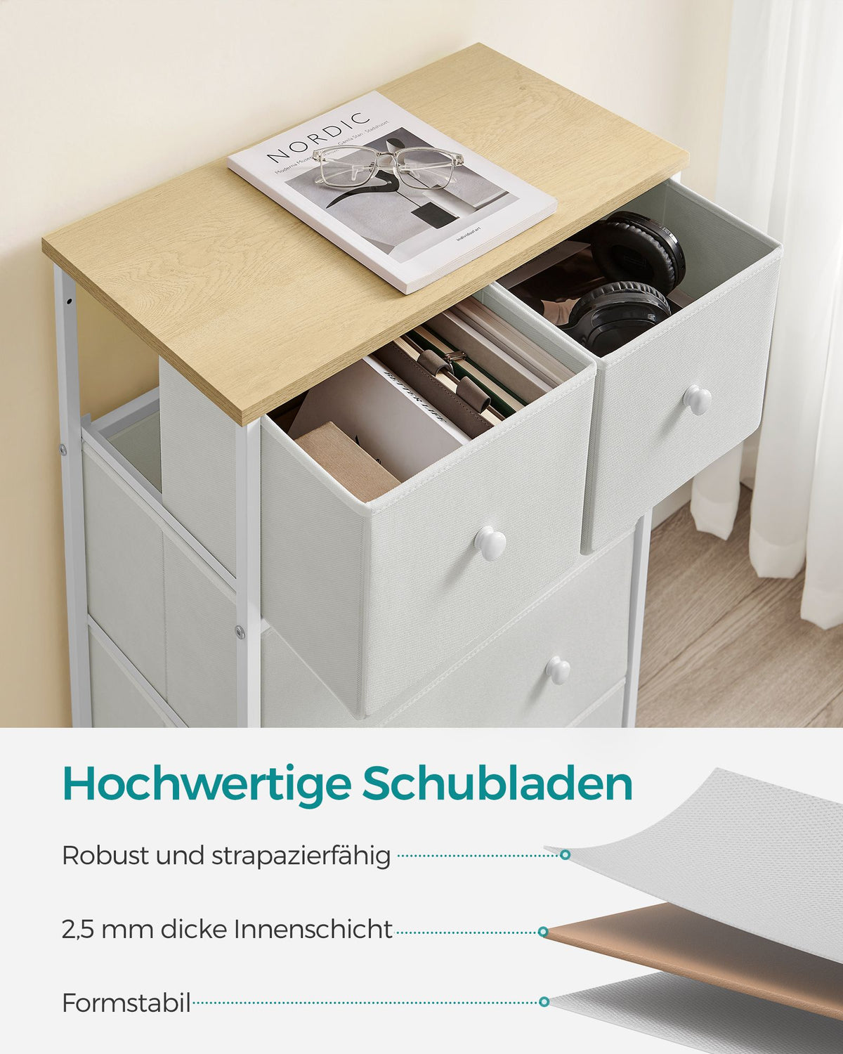 Sideboard - 5 Stoffschubladen - Stahlrahmen - Für Schlafzimmer Oder Flur