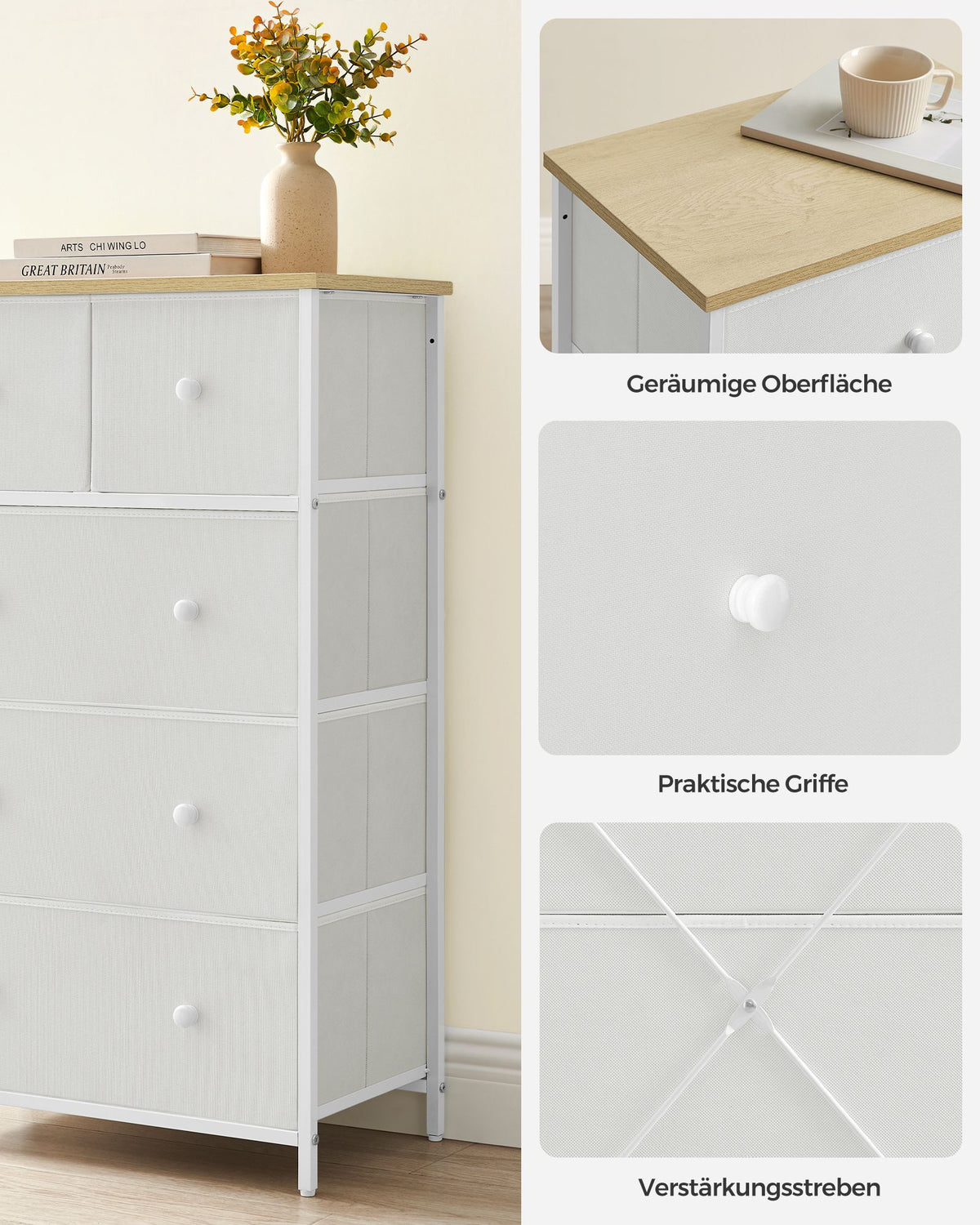 Sideboard - 5 Stoffschubladen - Stahlrahmen - Für Schlafzimmer Oder Flur