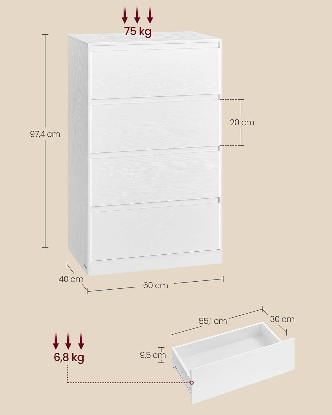 Moderne Kommode mit 4 Schubladen – KAILYN Kollektion – Minimalistisches Design