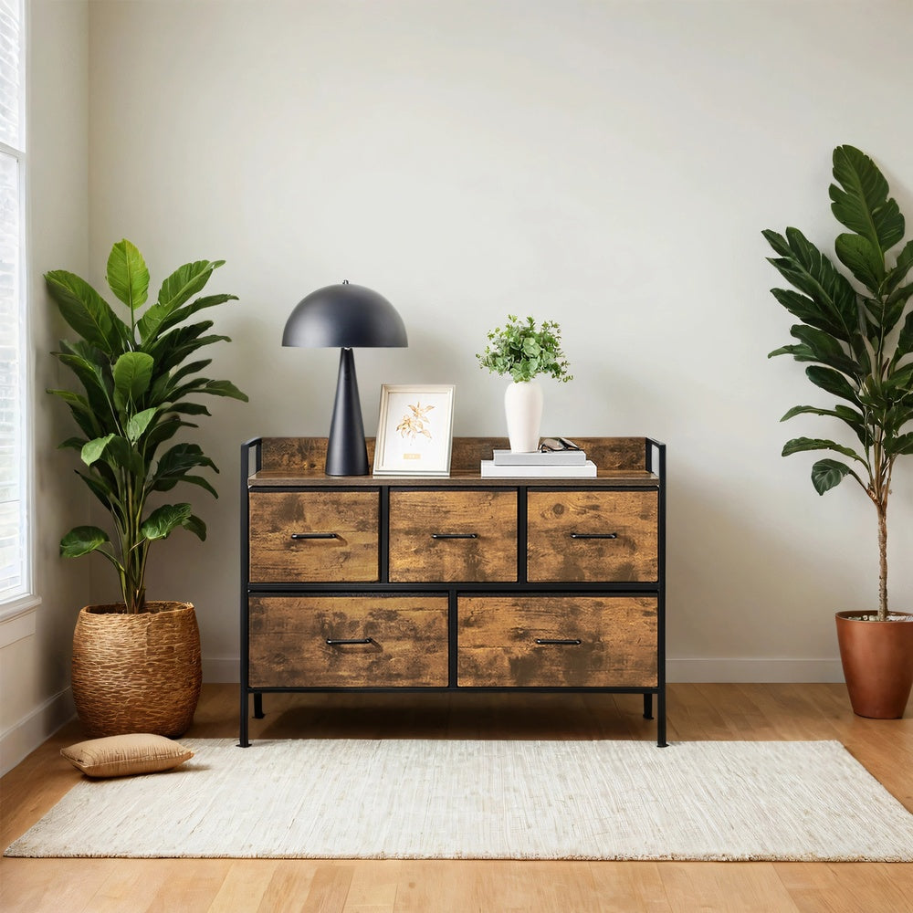 Kommode mit 5 Stoffschubladen – Schrank für Schlaf- oder Wohnzimmer – mit Seitenleisten und erhöhtem Rand – 98 cm breit