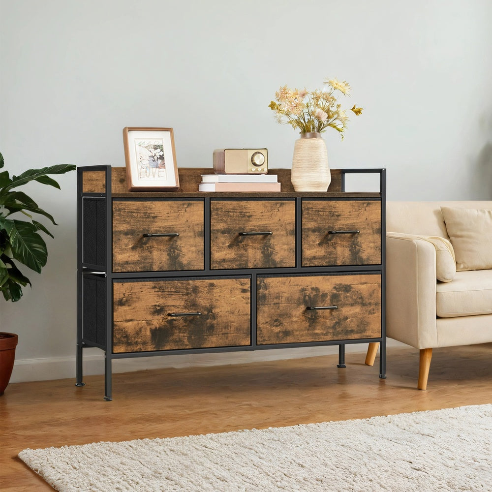 Kommode mit 5 Stoffschubladen – Schrank für Schlaf- oder Wohnzimmer – mit Seitenleisten und erhöhtem Rand – 98 cm breit