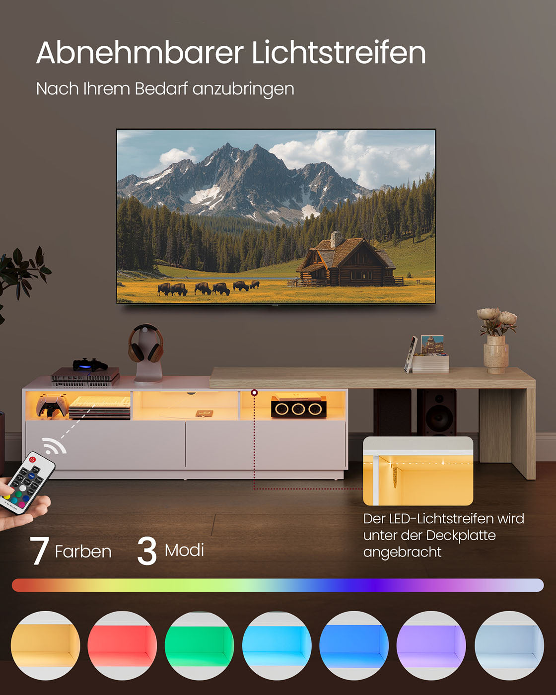 Ausziehbarer TV-Ständer – Mit LED-Beleuchtung & Ladestation – Für Fernseher bis 65 Zoll – Verstellbare Länge 162-270 cm – Weiß/Beige