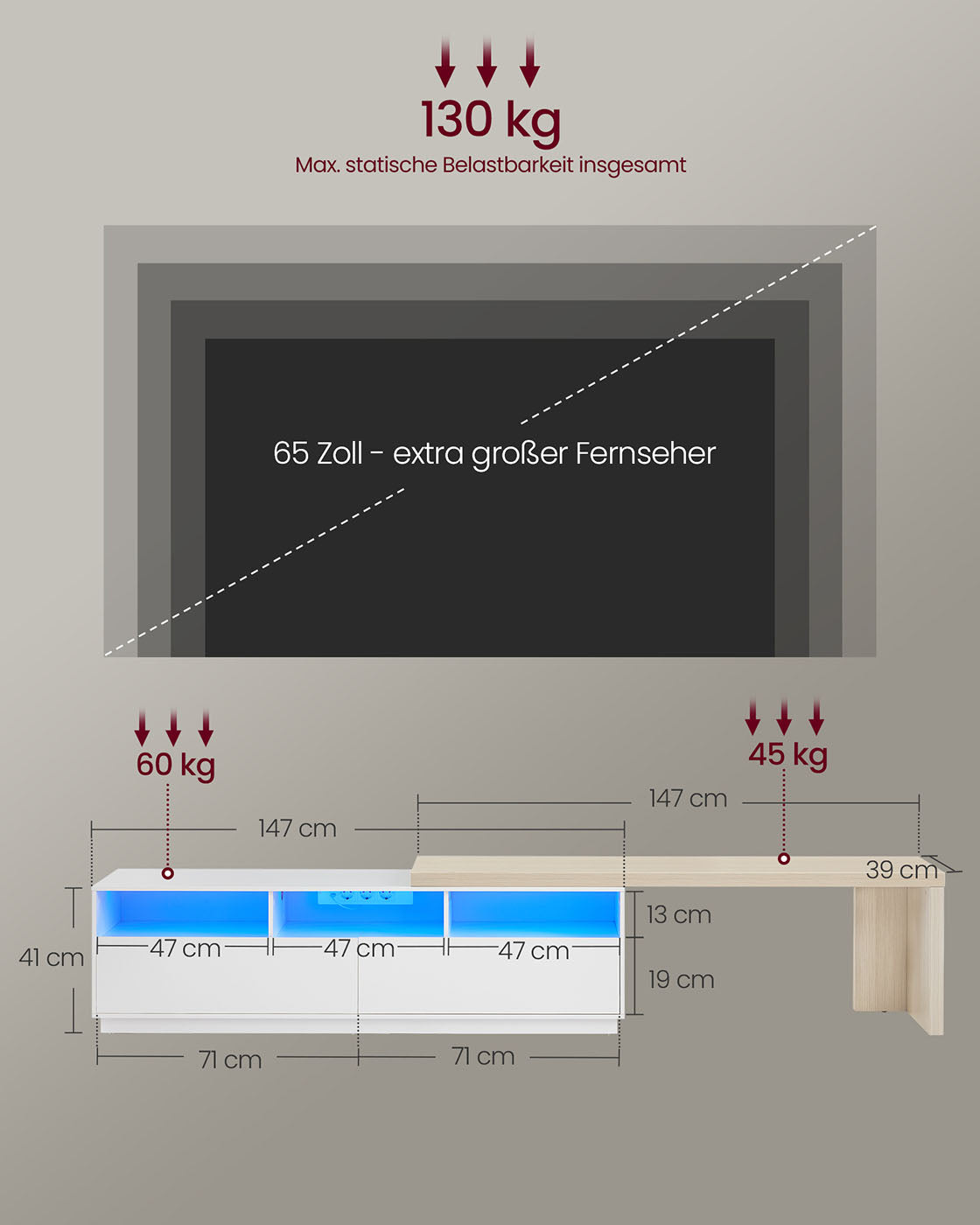 Ausziehbarer TV-Ständer – Mit LED-Beleuchtung & Ladestation – Für Fernseher bis 65 Zoll – Verstellbare Länge 162-270 cm – Weiß/Beige