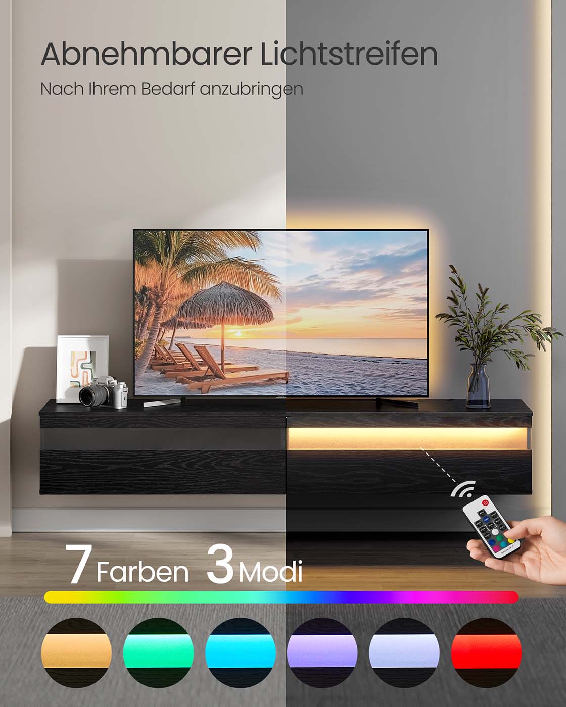Schwebender TV-Ständer – Mit LED-Beleuchtung und Ladestation – Inkl. Wandmontage