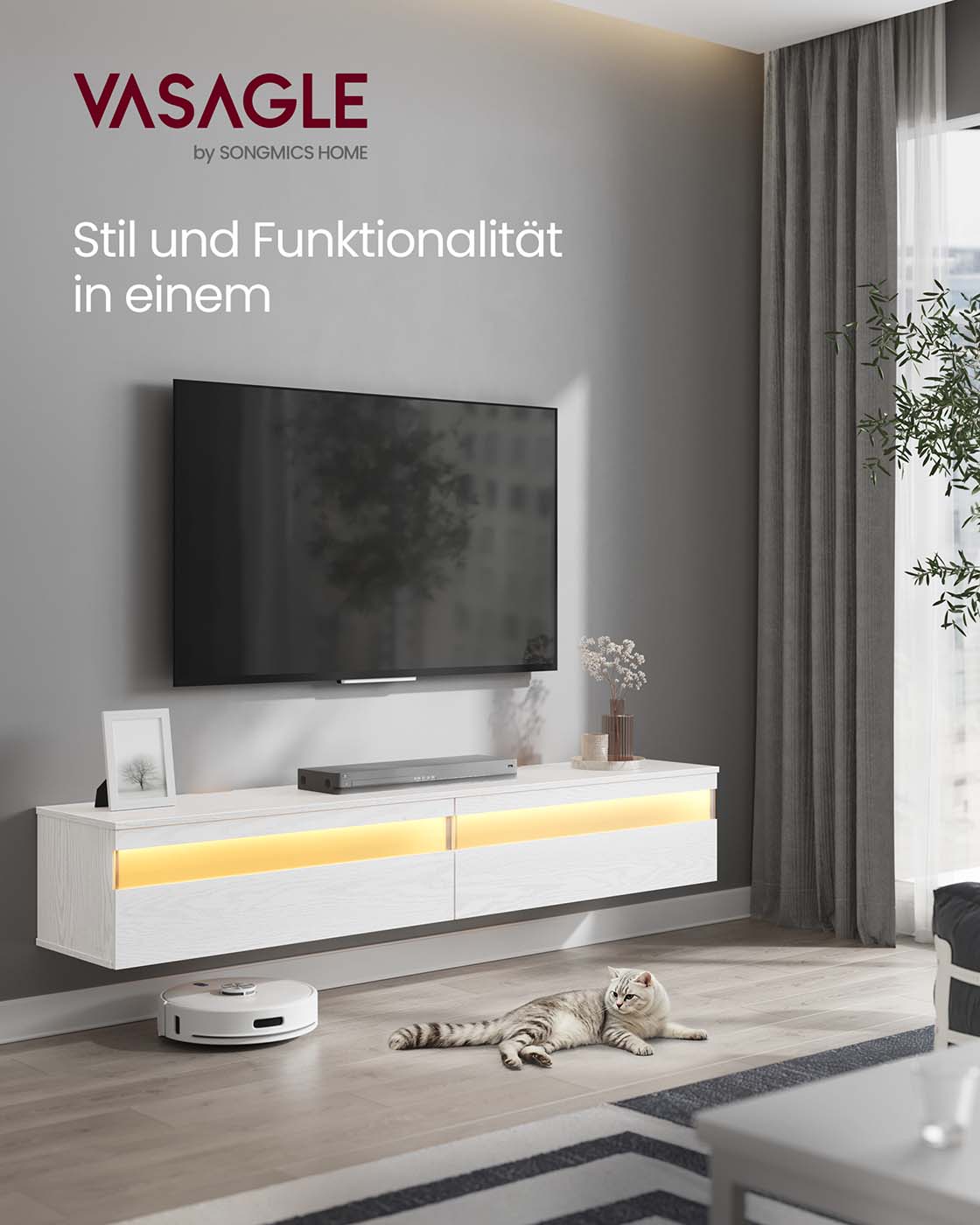 Schwebender TV-Ständer – Mit LED-Beleuchtung und Ladestation – Inkl. Wandmontage