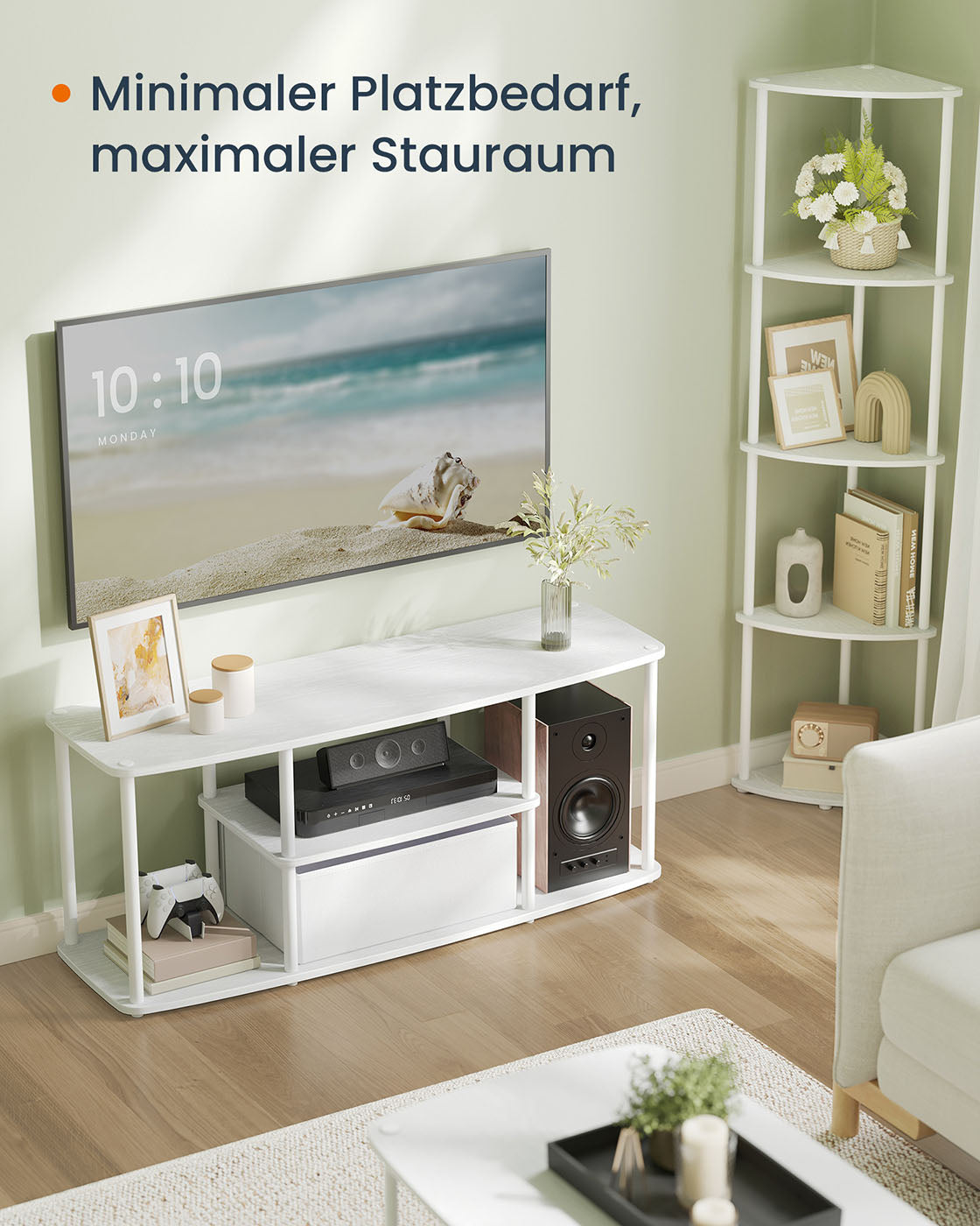 TV-Schrank 110 cm – Weiß – 3 Ebenen – Werkzeuglose Montage – Mit Stoffschublade – Tragkraft bis 98 kg
