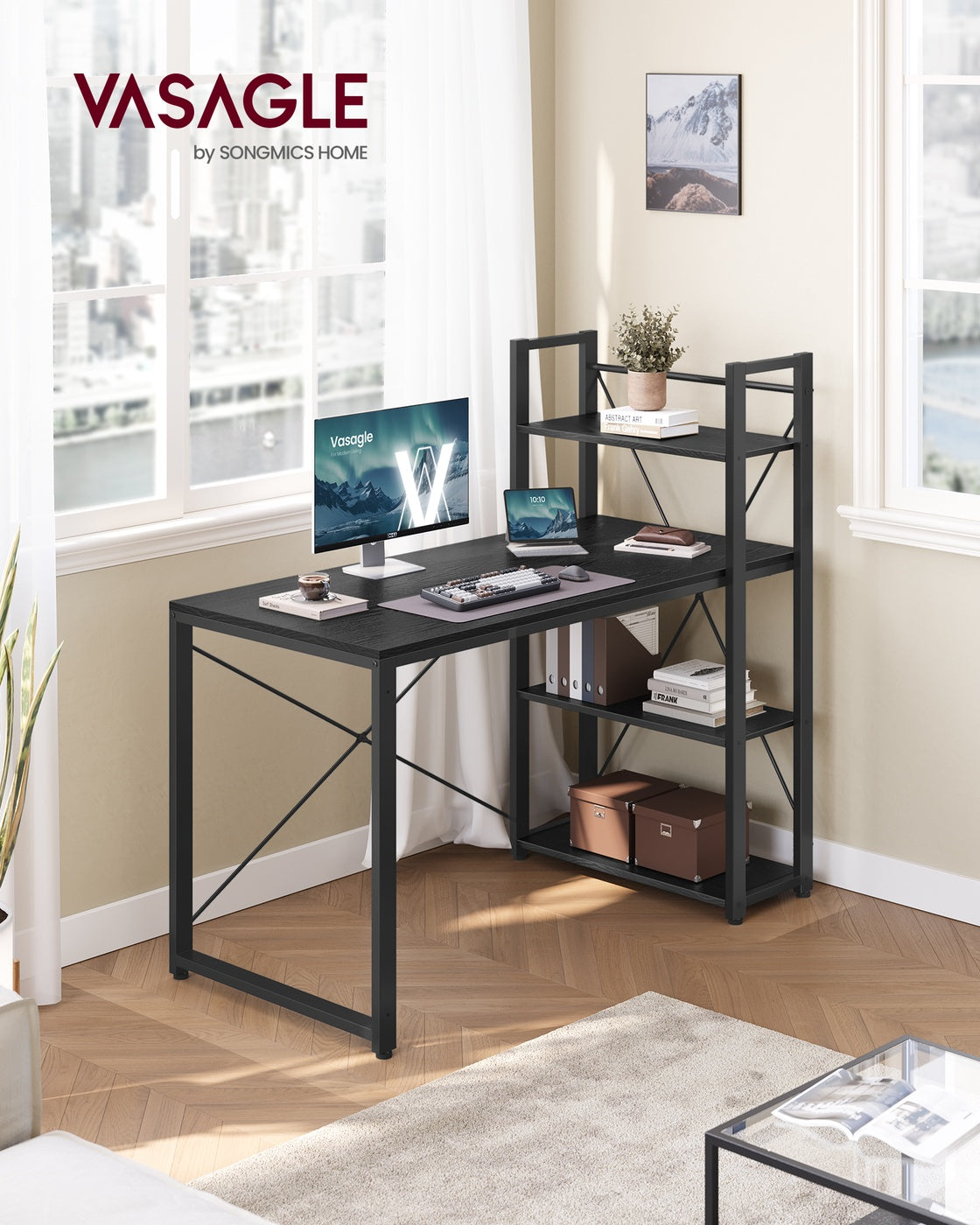 Schreibtisch mit Bücherregal – 120 cm breit – Flexible Regalmontage links oder rechts – Industriedesign – Bis zu 100 kg belastbar
