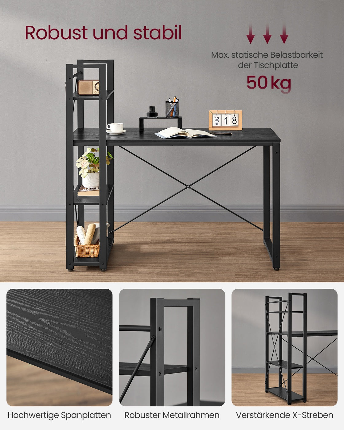 Schreibtisch mit Bücherregal – 120 cm breit – Flexible Regalmontage links oder rechts – Industriedesign – Bis zu 100 kg belastbar