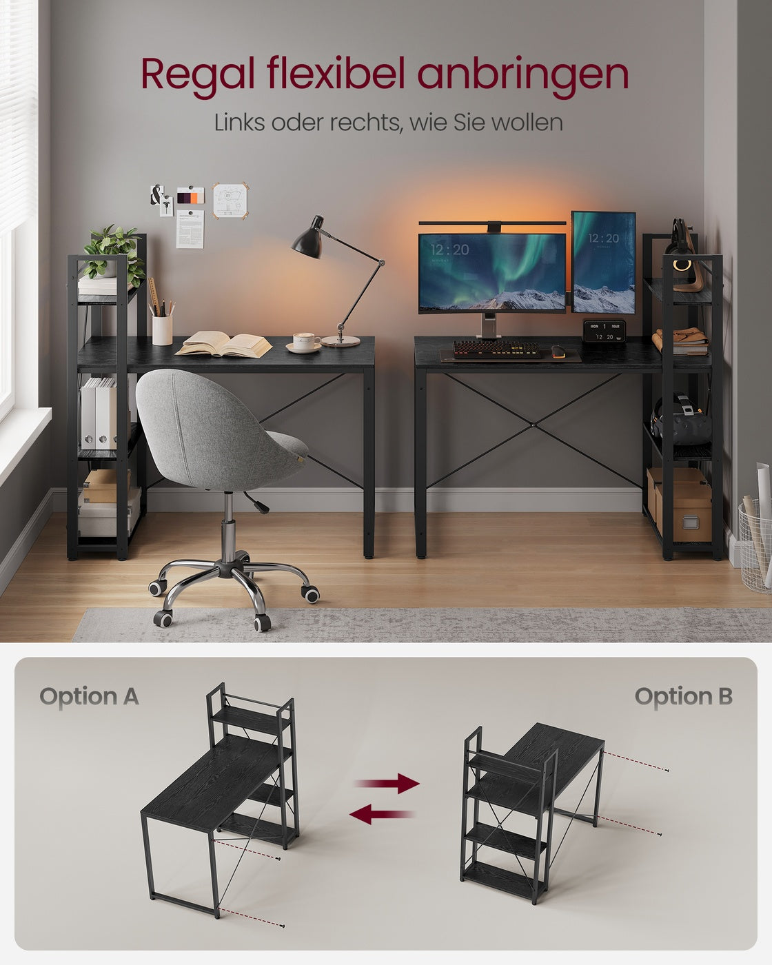 Schreibtisch mit Bücherregal – 120 cm breit – Flexible Regalmontage links oder rechts – Industriedesign – Bis zu 100 kg belastbar