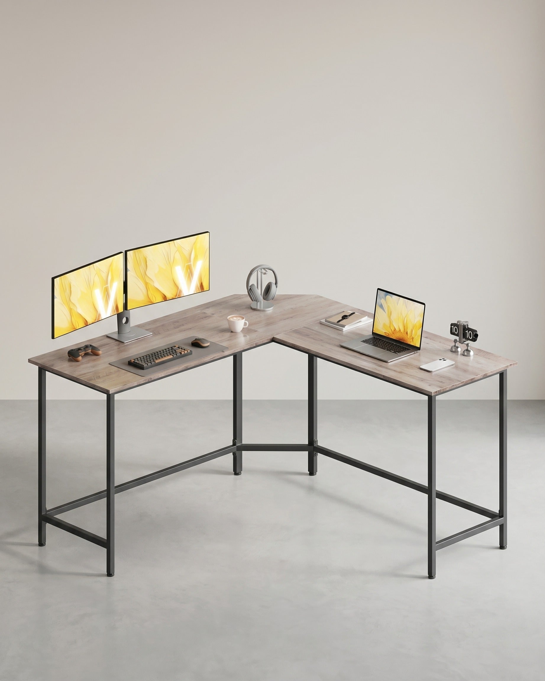 L-förmiger Schreibtisch – Eckschreibtisch mit Kabeldurchführung – Schwarz – 149 x 149 cm – Geräumig und platzsparend – Bis zu 50 kg belastbar – Grau