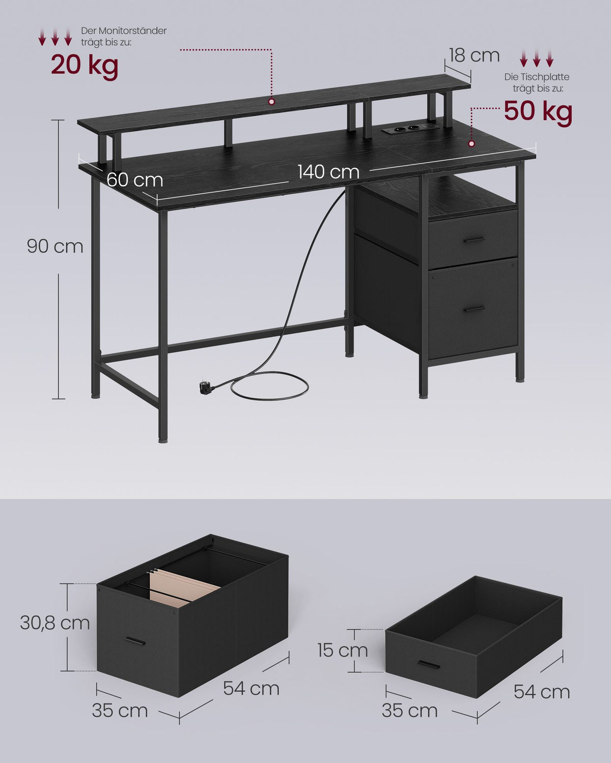 Schreibtisch mit LED-Beleuchtung - Computertisch mit USB und Steckdose