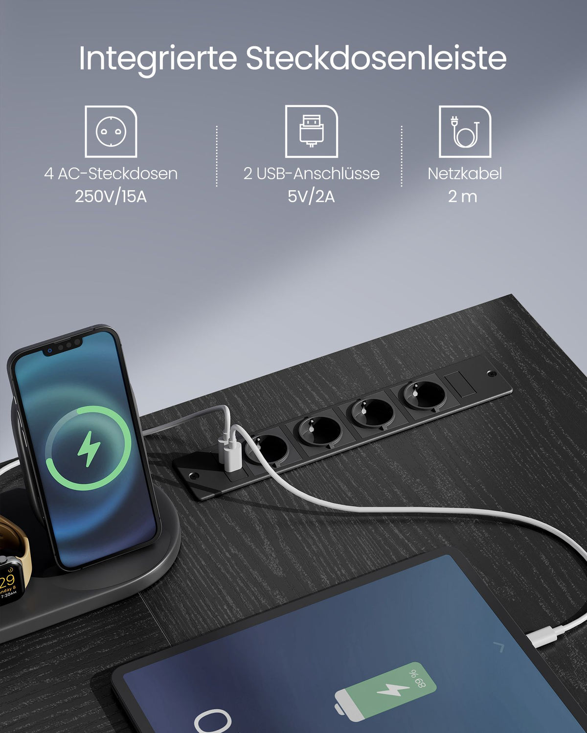 L-förmiger Eckschreibtisch mit LED-Beleuchtung und Steckdosen - USB-Anschlüssen - Gaming-Schreibtisch
