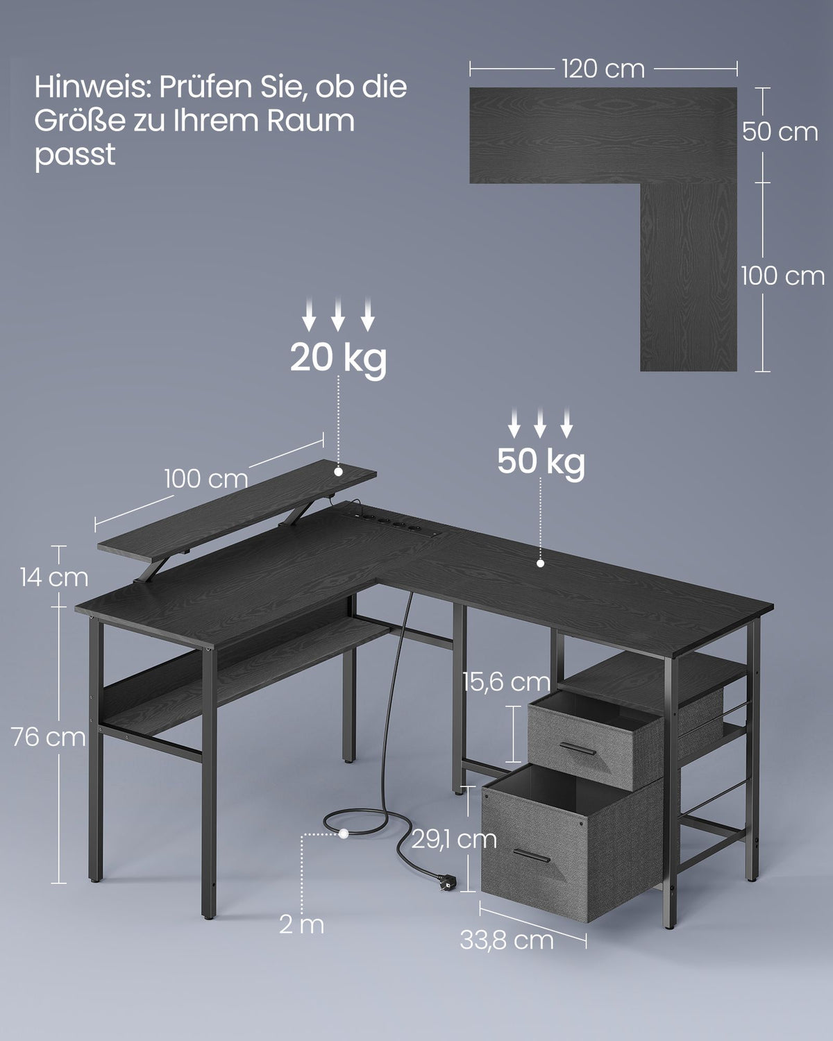 L-förmiger Eckschreibtisch mit LED-Beleuchtung und Steckdosen - USB-Anschlüssen - Gaming-Schreibtisch