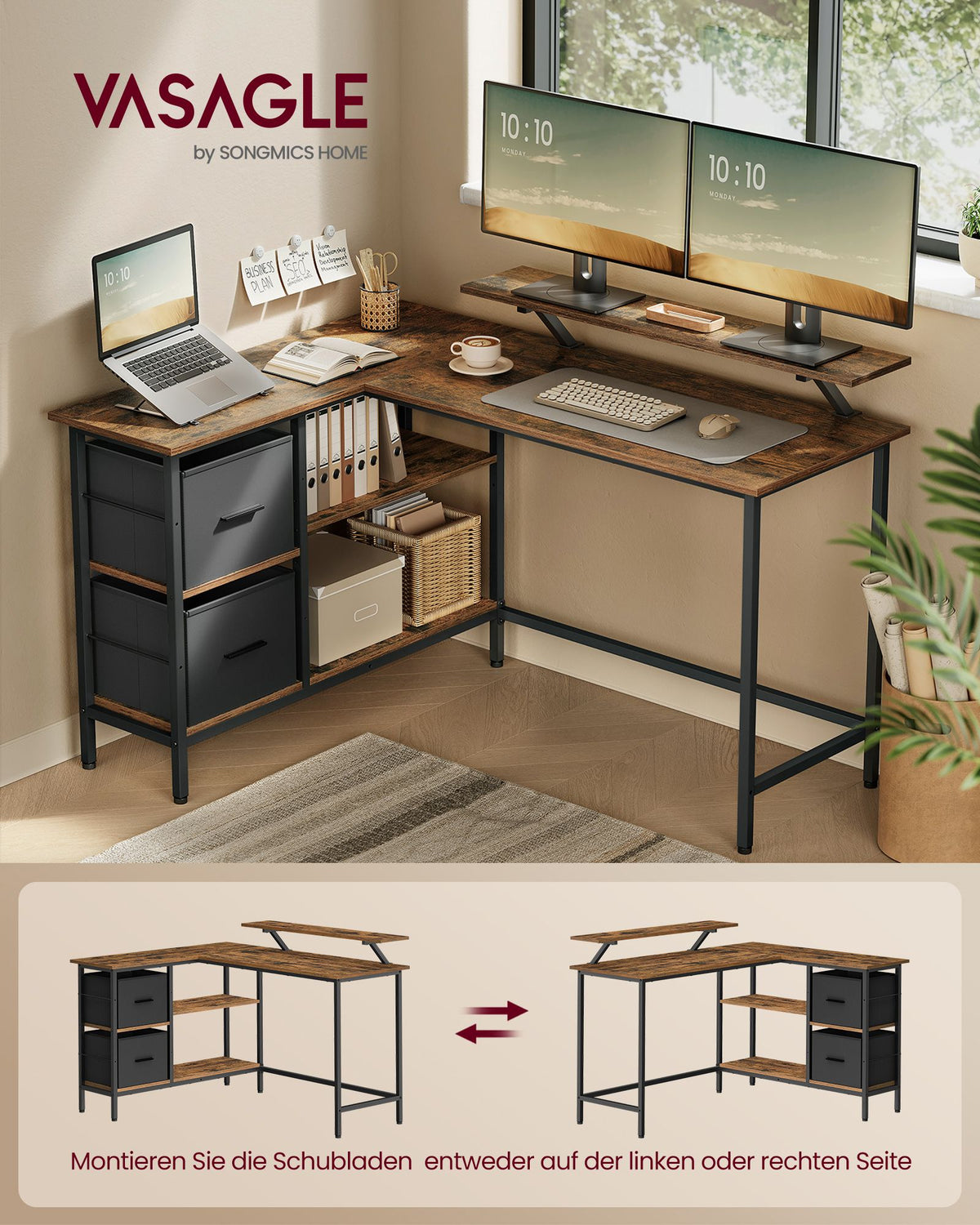 L-förmiger Schreibtisch mit Monitorständer – Eckschreibtisch mit 2 Schubladen und verstellbarem Regal – 135 x 105 x 89,5 cm