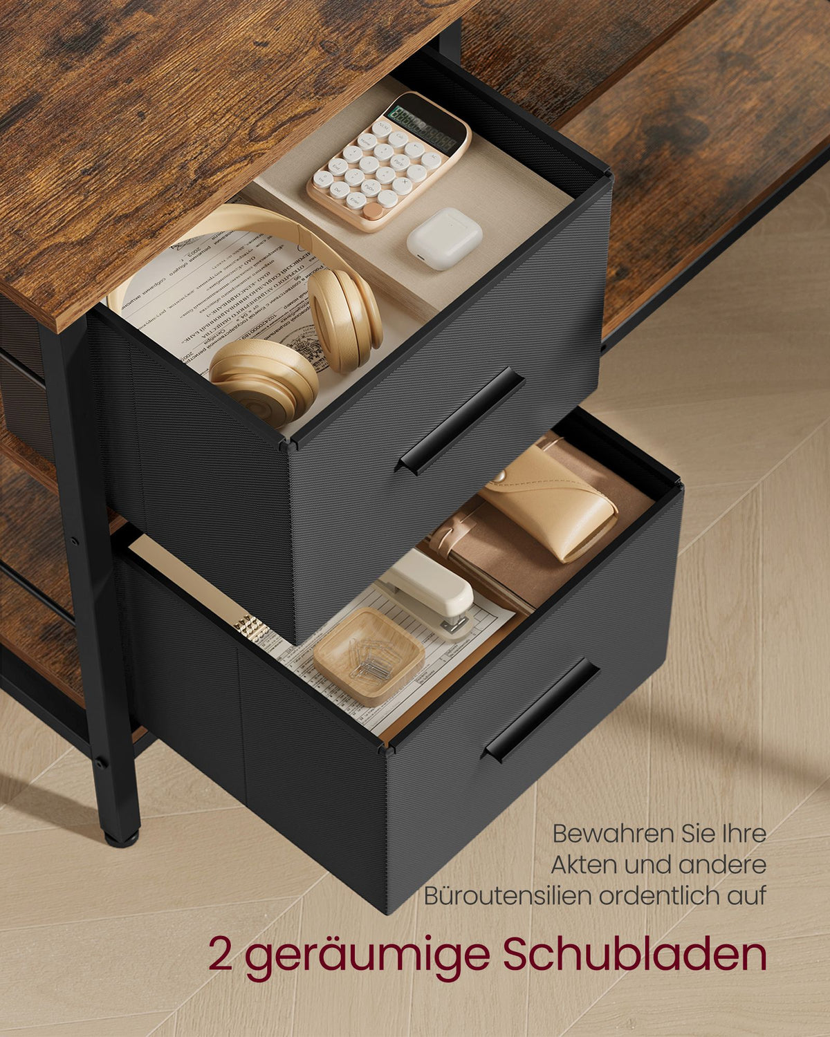 L-förmiger Schreibtisch mit Monitorständer – Eckschreibtisch mit 2 Schubladen und verstellbarem Regal – 135 x 105 x 89,5 cm