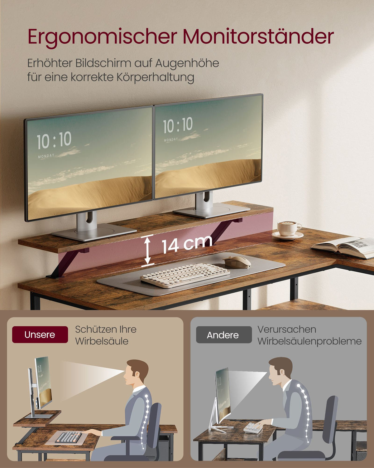 L-förmiger Schreibtisch mit Monitorständer – Eckschreibtisch mit 2 Schubladen und verstellbarem Regal – 135 x 105 x 89,5 cm