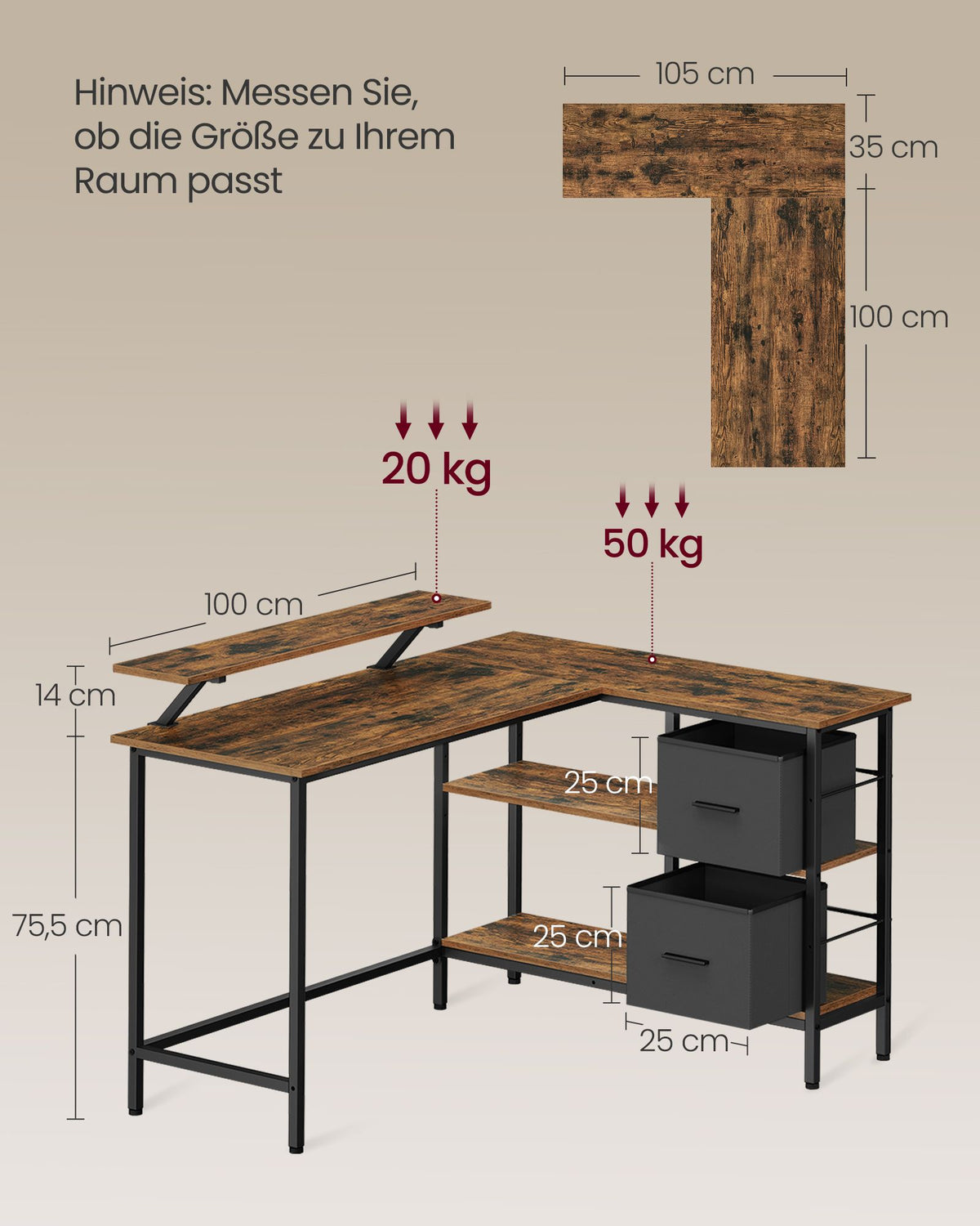 L-förmiger Schreibtisch mit Monitorständer – Eckschreibtisch mit 2 Schubladen und verstellbarem Regal – 135 x 105 x 89,5 cm