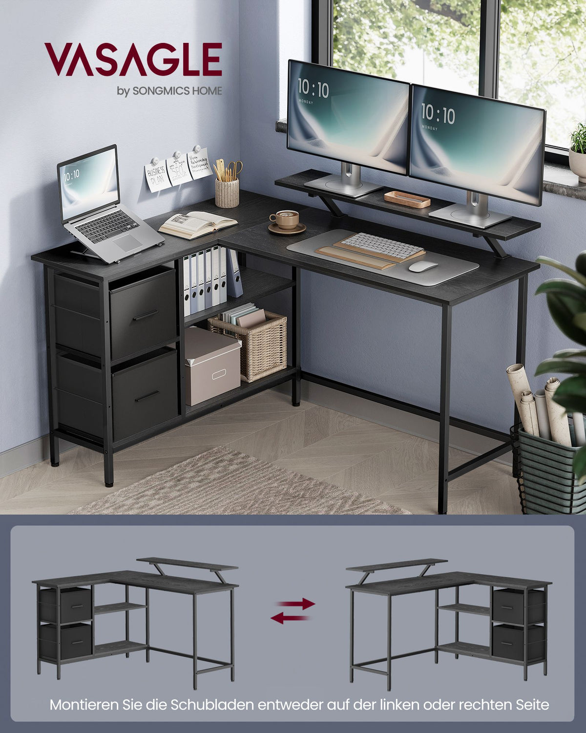 L-förmiger Schreibtisch mit Monitorständer – Eckschreibtisch mit 2 Schubladen und verstellbarem Regal – 135 x 105 x 89,5 cm