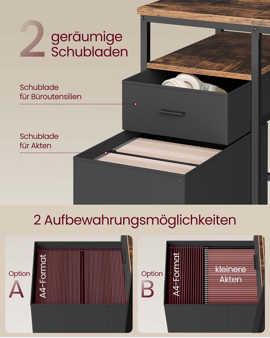 Vintage Schreibtisch 140 oder 160 cm – Industriedesign mit Schubladen und Ablageflächen – Bis 50 kg belastbar