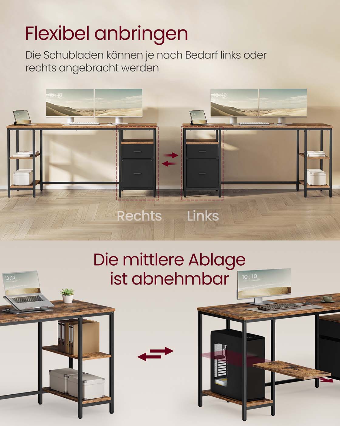 Vintage Schreibtisch 140 oder 160 cm – Industriedesign mit Schubladen und Ablageflächen – Bis 50 kg belastbar