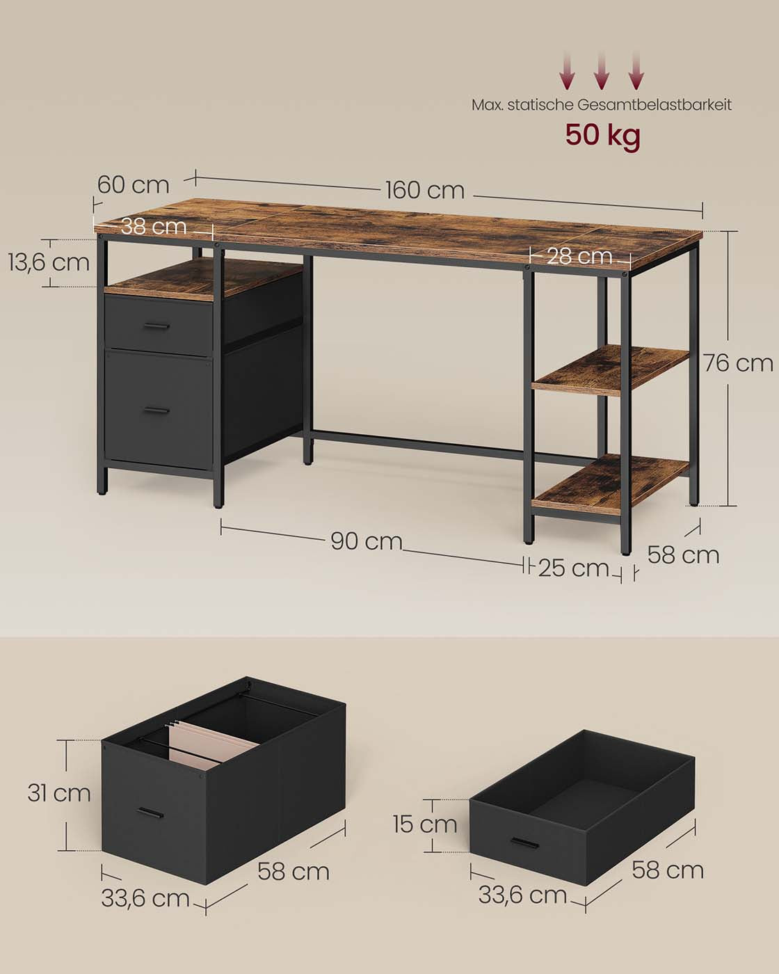 Vintage Schreibtisch 140 oder 160 cm – Industriedesign mit Schubladen und Ablageflächen – Bis 50 kg belastbar