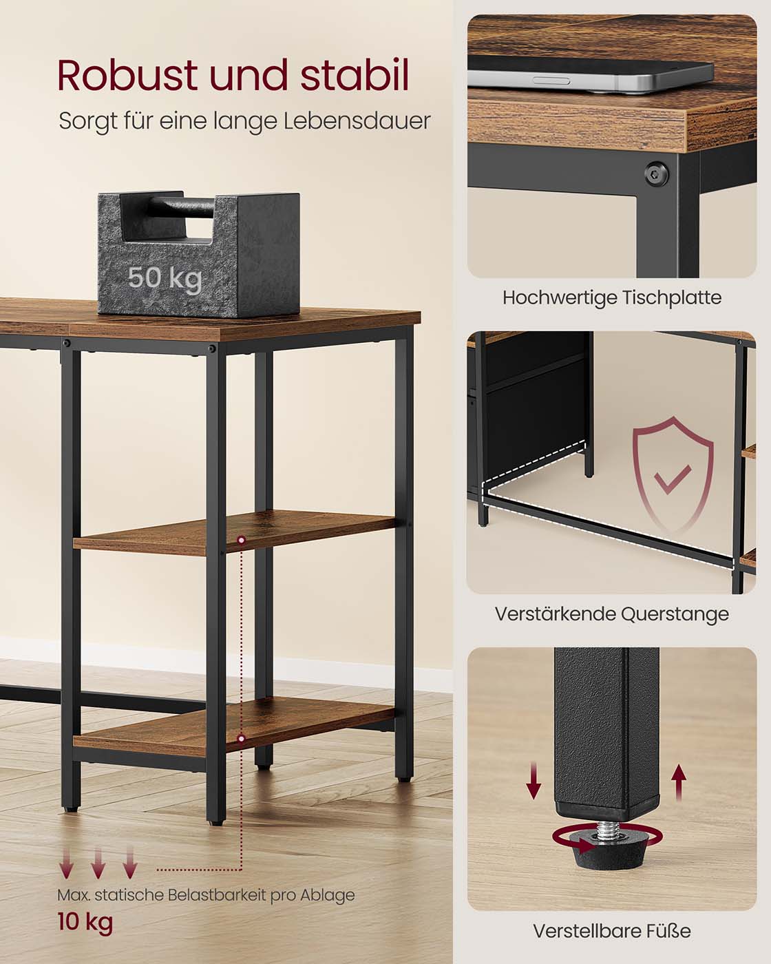 Vintage Schreibtisch 140 oder 160 cm – Industriedesign mit Schubladen und Ablageflächen – Bis 50 kg belastbar