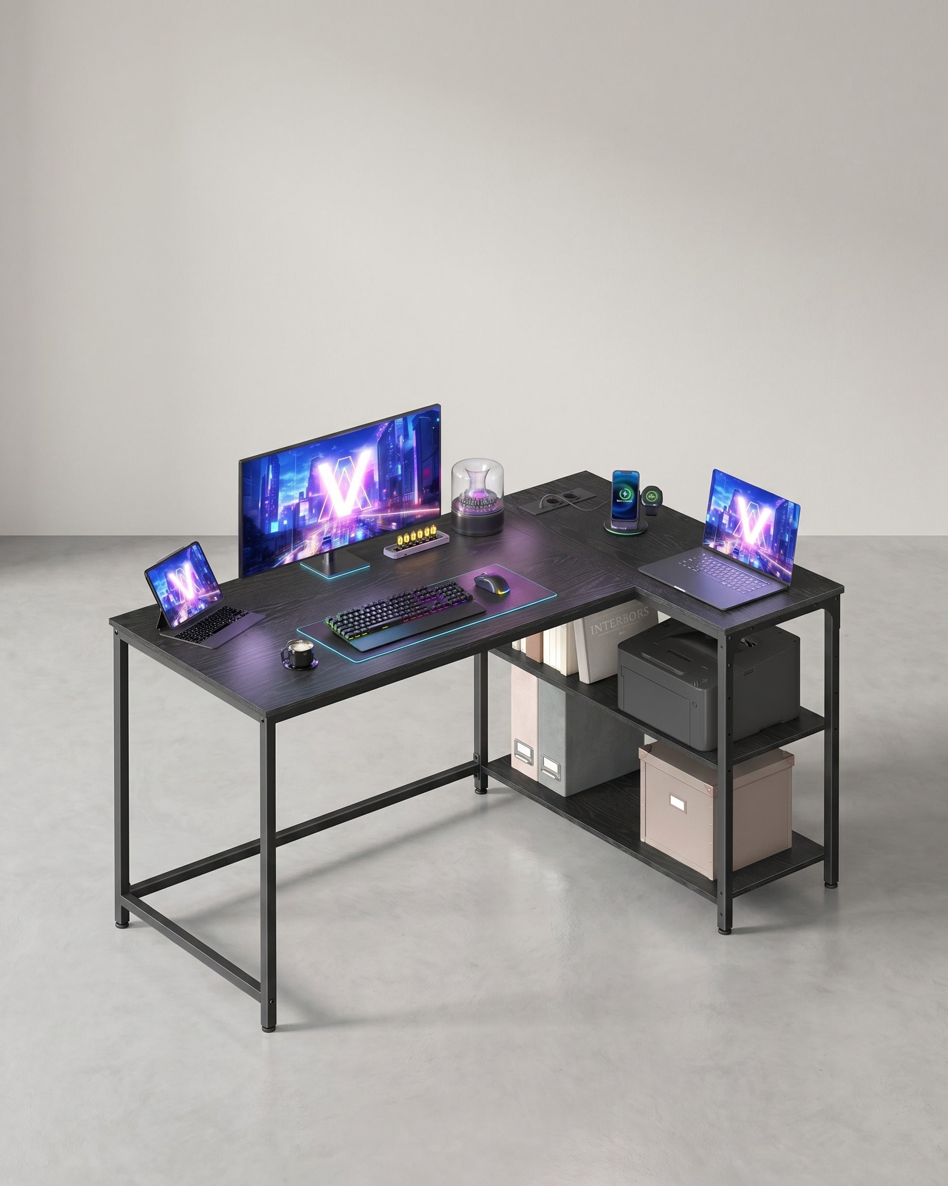 L-förmiger Eckschreibtisch mit Stauraum – Schreibtisch mit Steckdosen – Computertisch fürs Homeoffice – Schwarz