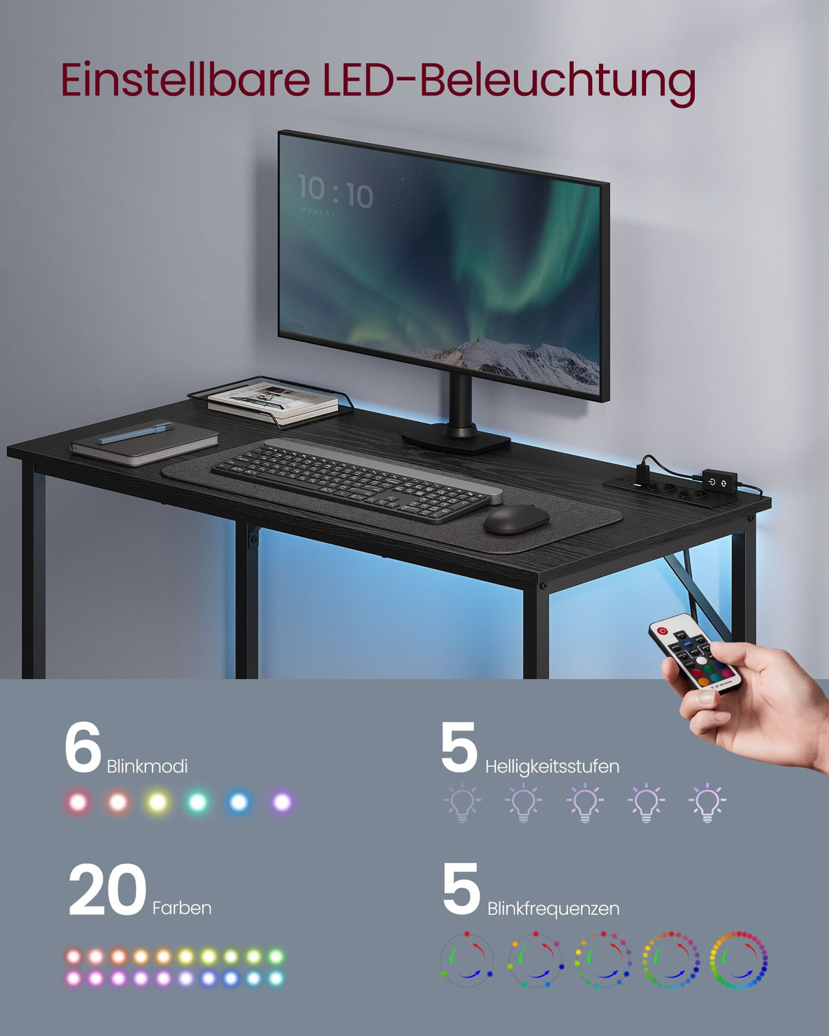 Gaming-Tisch kompakt – mit LED-Beleuchtung und Steckdosen – Computertisch
