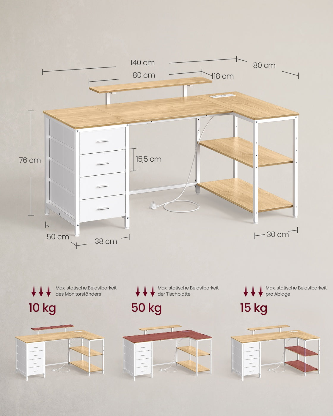Eckschreibtisch Mit Steckdosen Und USB - L-Förmig - Mit Monitorständer Und Schubladenschrank