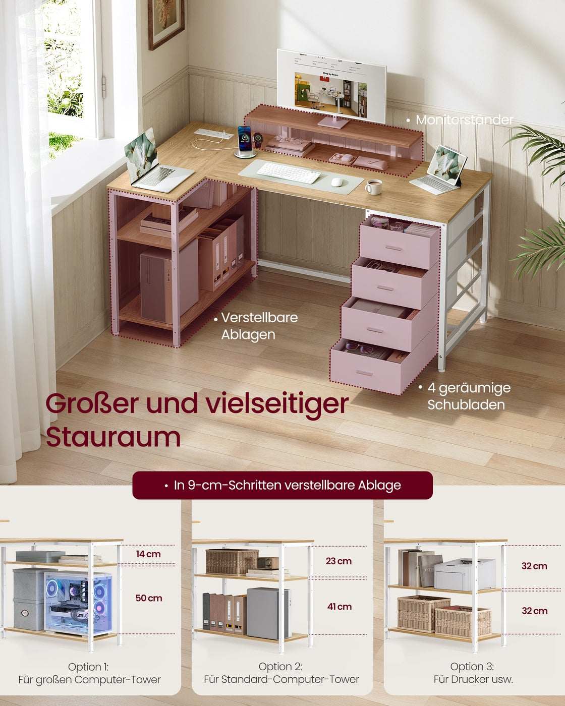 Eckschreibtisch Mit Steckdosen Und USB - L-Förmig - Mit Monitorständer Und Schubladenschrank