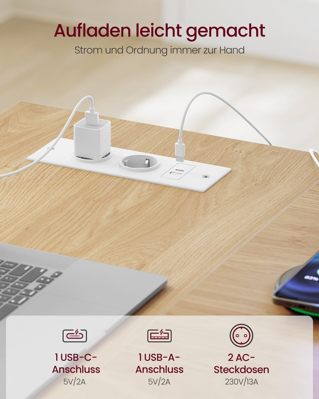 Eckschreibtisch Mit Steckdosen Und USB - L-Förmig - Mit Monitorständer Und Schubladenschrank
