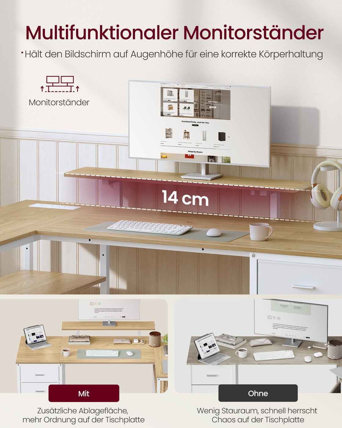 Eckschreibtisch Mit Steckdosen Und USB - L-Förmig - Mit Monitorständer Und Schubladenschrank