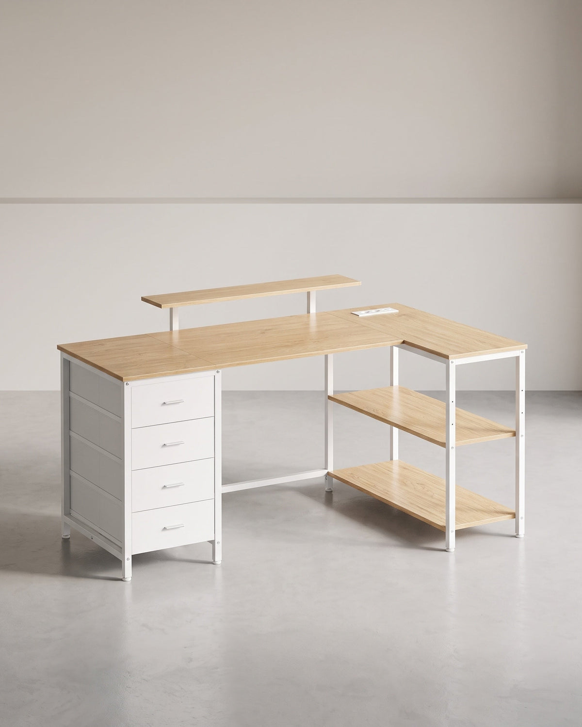 Eckschreibtisch Mit Steckdosen Und USB - L-Förmig - Mit Monitorständer Und Schubladenschrank